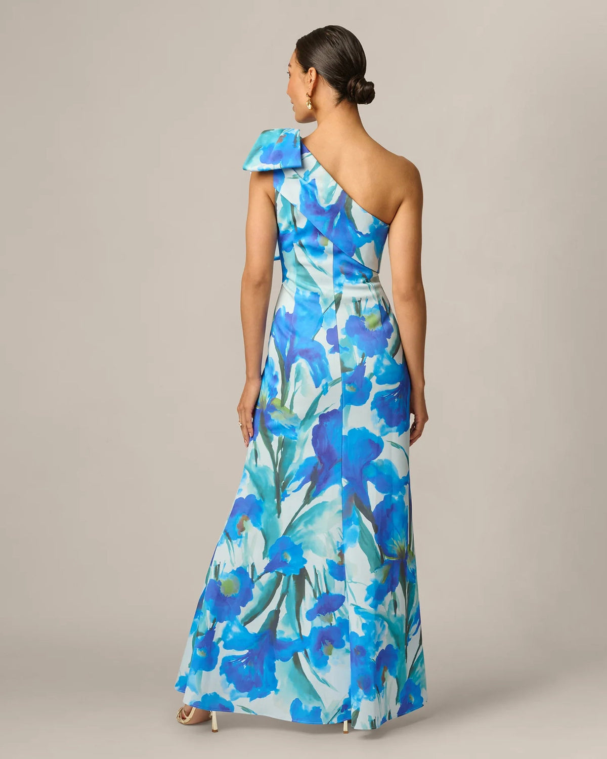 Blue floral one-shoulder mermaid maxi dress from the back with bow straps