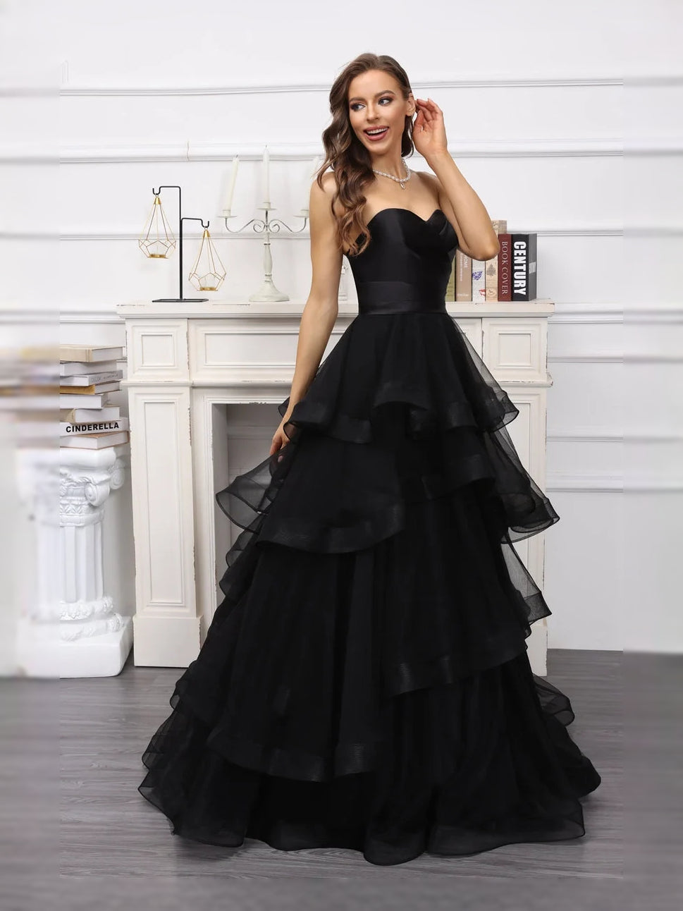 Black sweetheart A-line satin wedding dress with tiered ruffle skirt; sleeveless fitted bodice