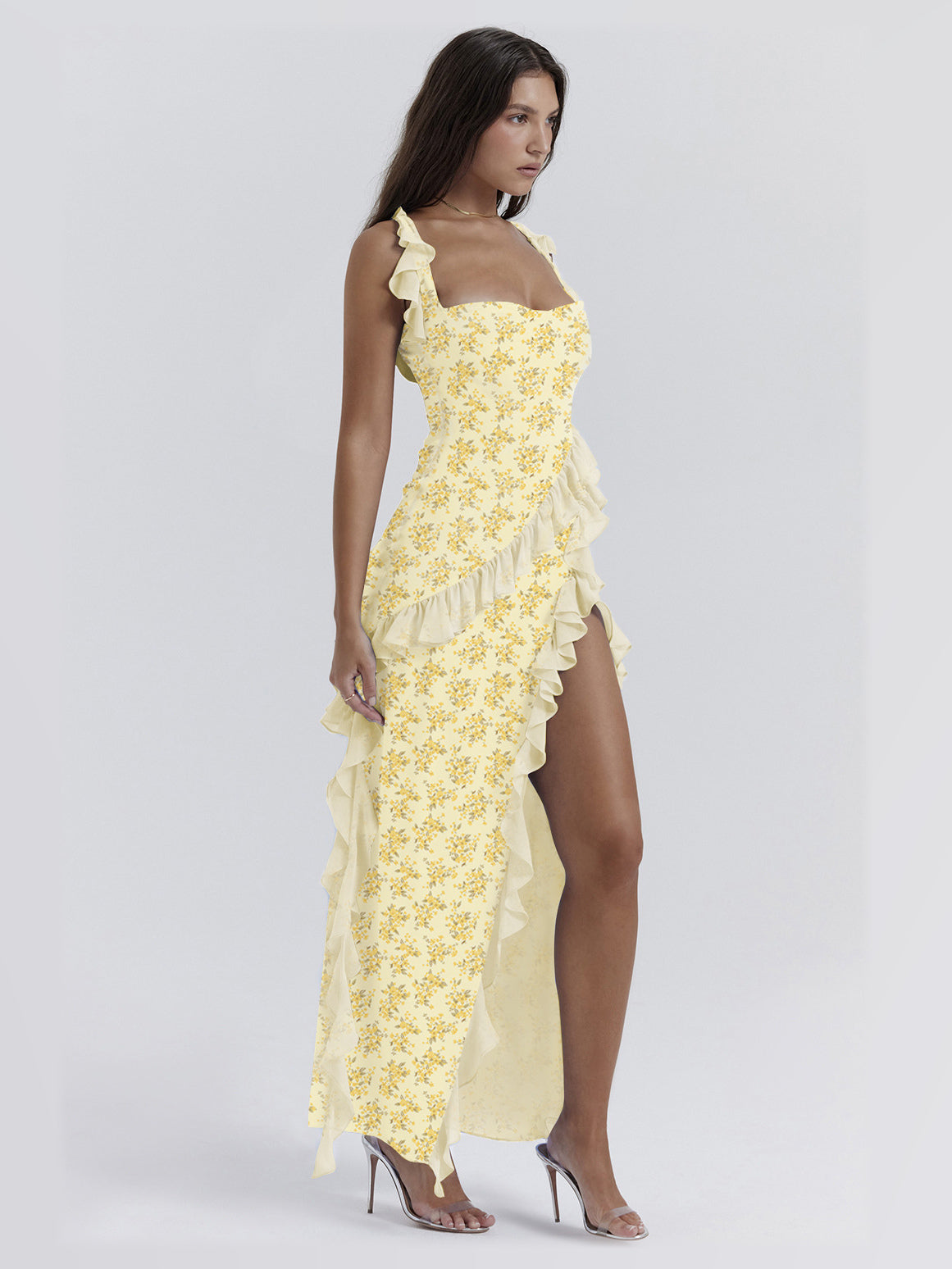Yellow maxi formal dress, alternate full-length view showing the hem