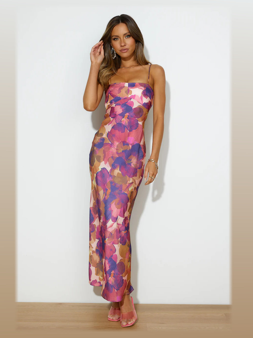 Purple midi formal dress, alternate full-length view showing the hem
