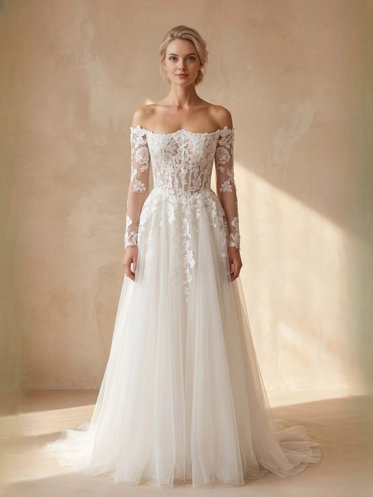 Ivory off-shoulder lace A-line tulle wedding dress with floral bodice and long skirt