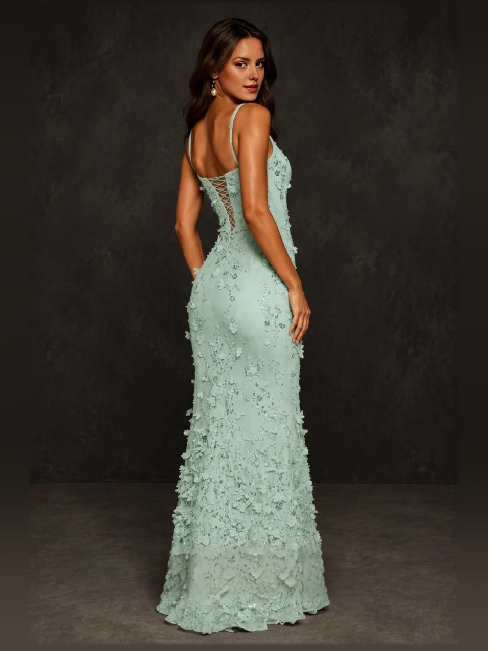 Light mint corset-style mermaid prom dress with square neckline and floral lace applique