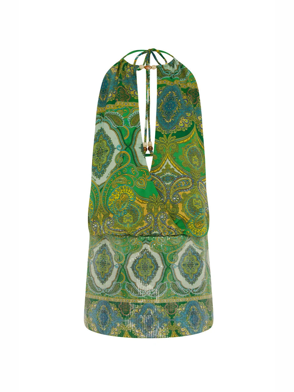 Green paisley mini dress back view with tie halter strap