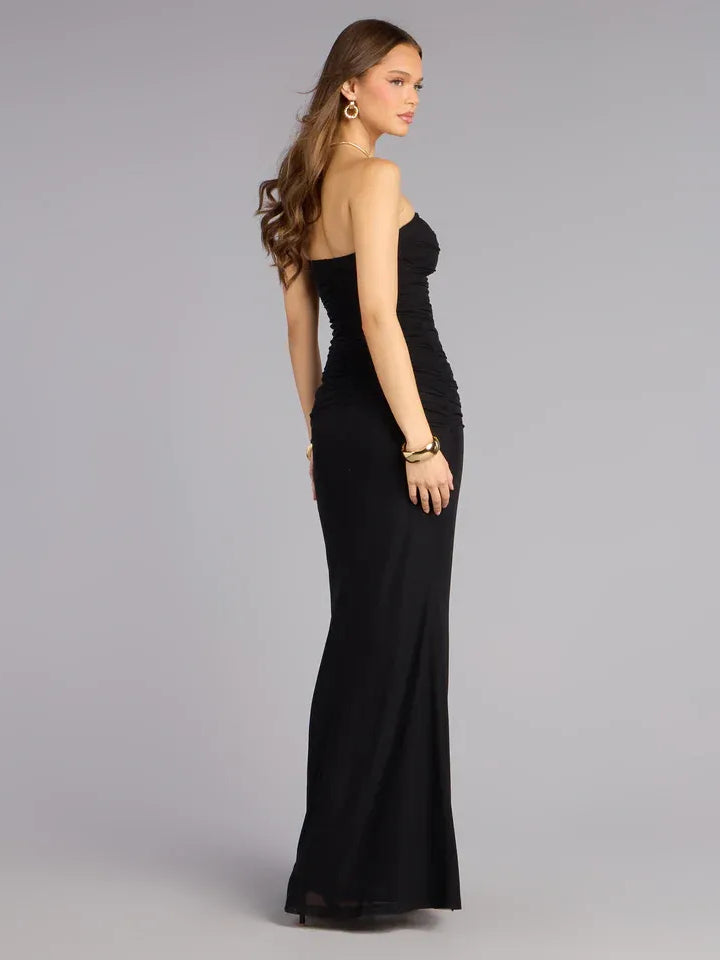 Black strapless ruched floor-length formal dress with ruffled neckline