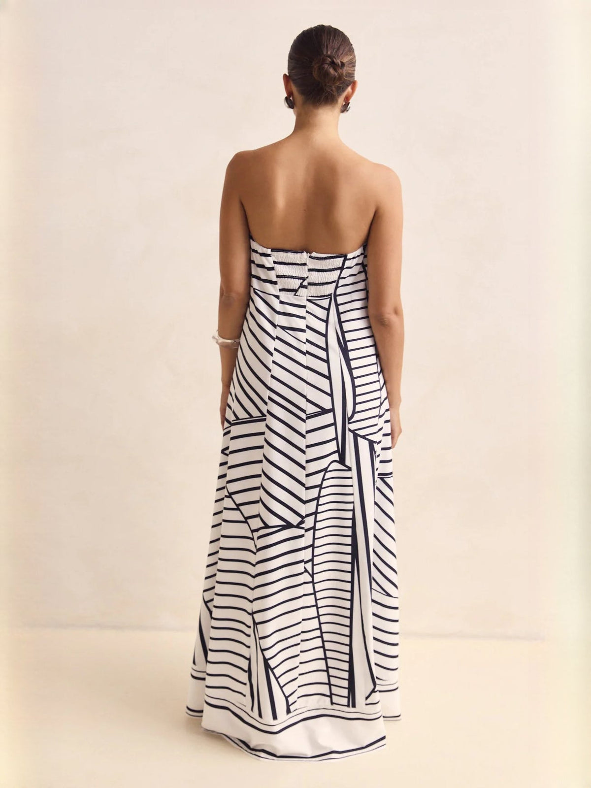 Black White Stripe a-line maxi formal dress with printed pattern, alternate full-length view showing the skirt