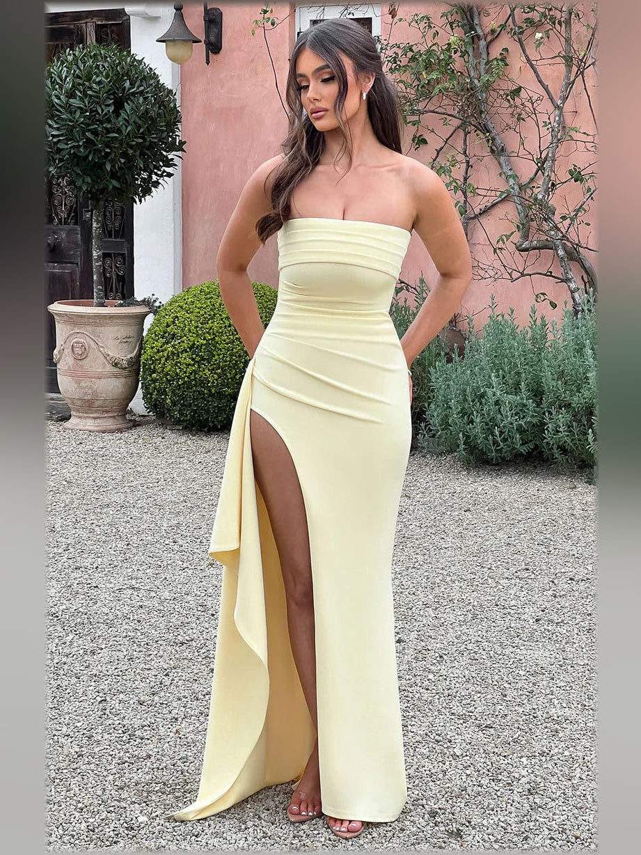 Lemon one-shoulder ruffle slit floor-length formal dress with draped side panel