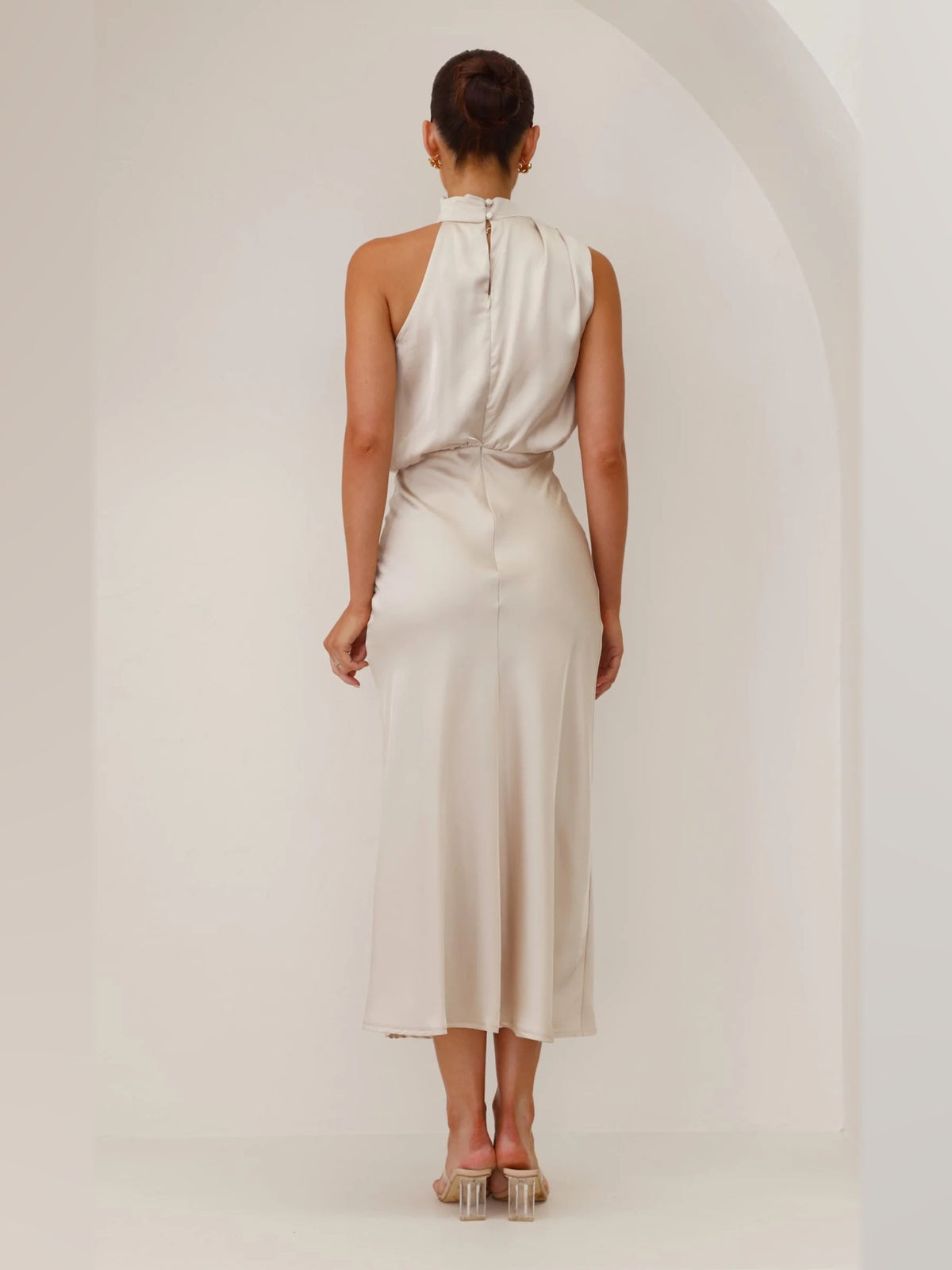 Champagne midi formal dress, alternate full-length view showing the hem