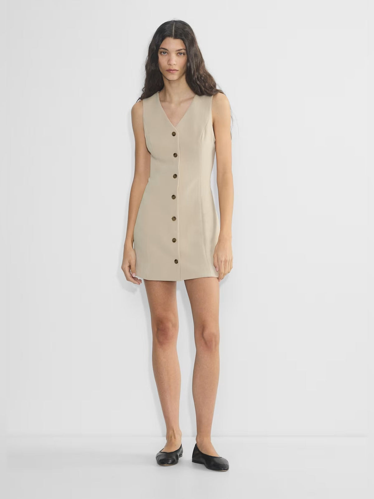 Beige mini crepe homecoming dress with V-neck and front button placket