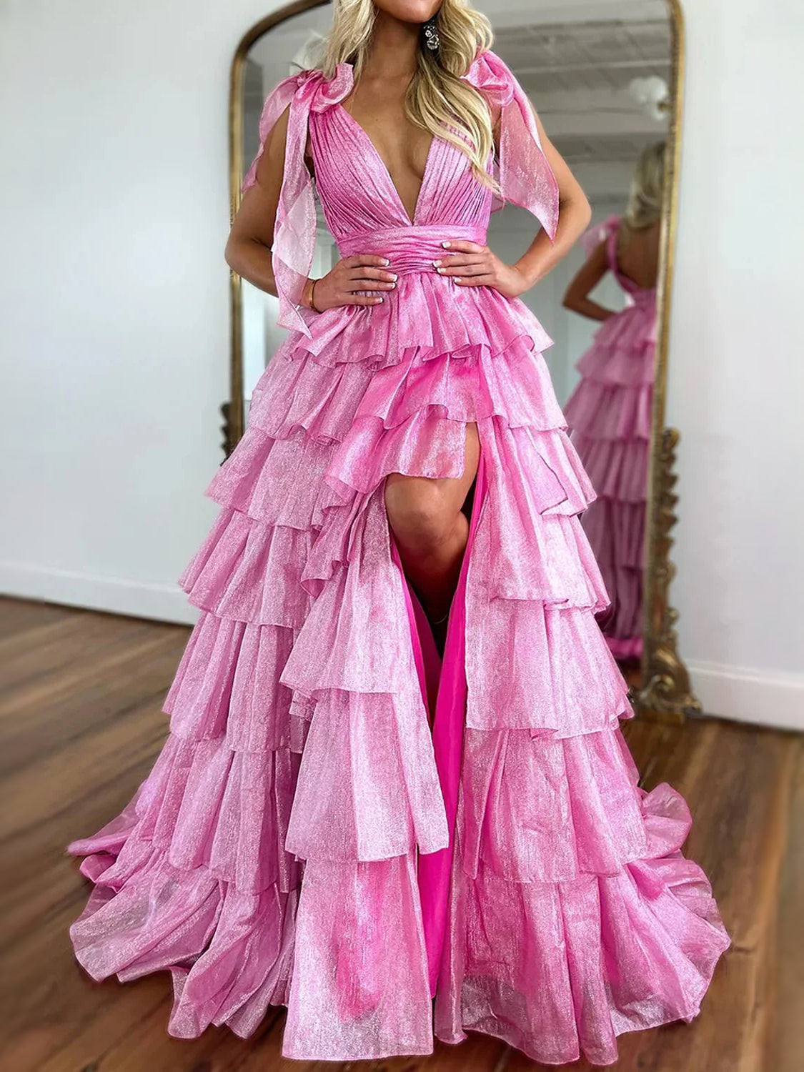 Pink tiered ruffle V-neck A-line maxi tulle prom dress, sleeveless with draped bow straps