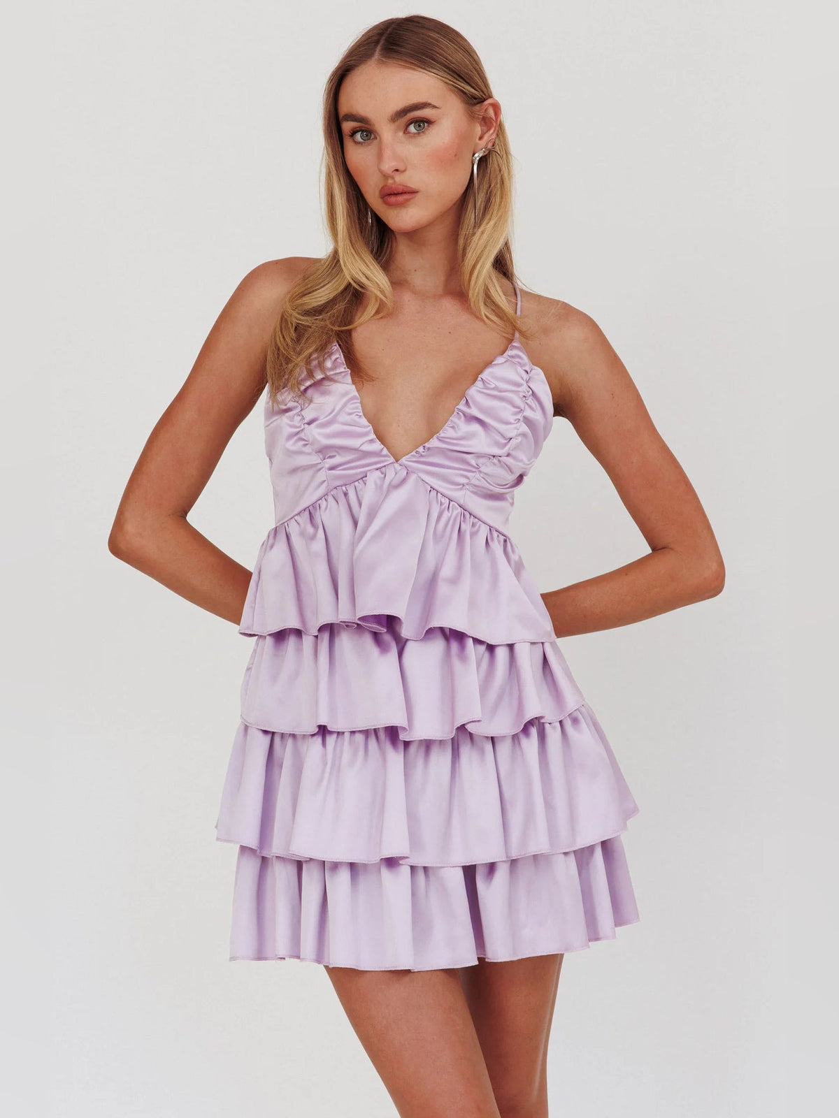 Lilac ruffled mini dress with ruched bodice and layered tiered skirt