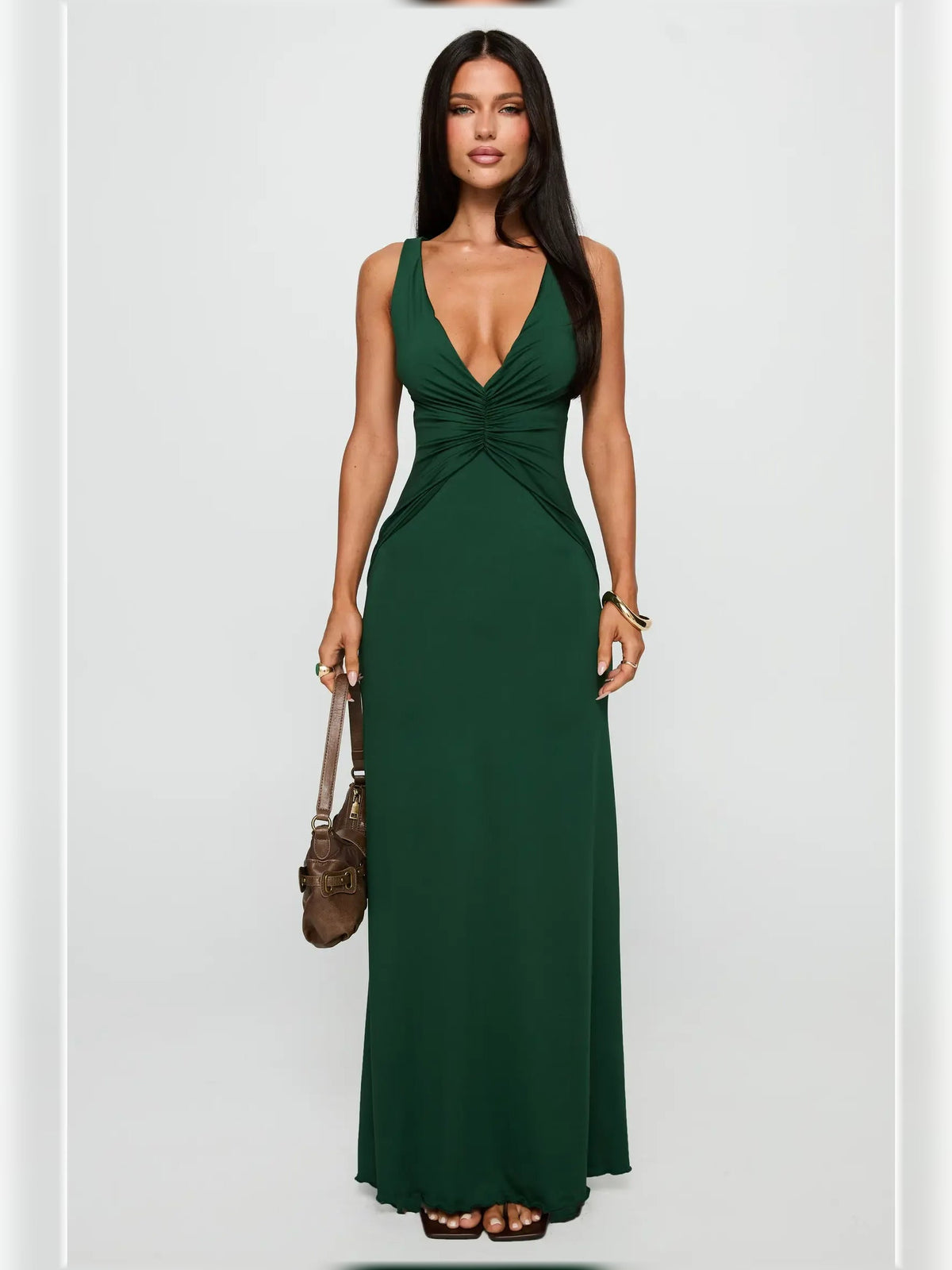 Forest green V-neck ruched formal maxi dress, sleeveless cut