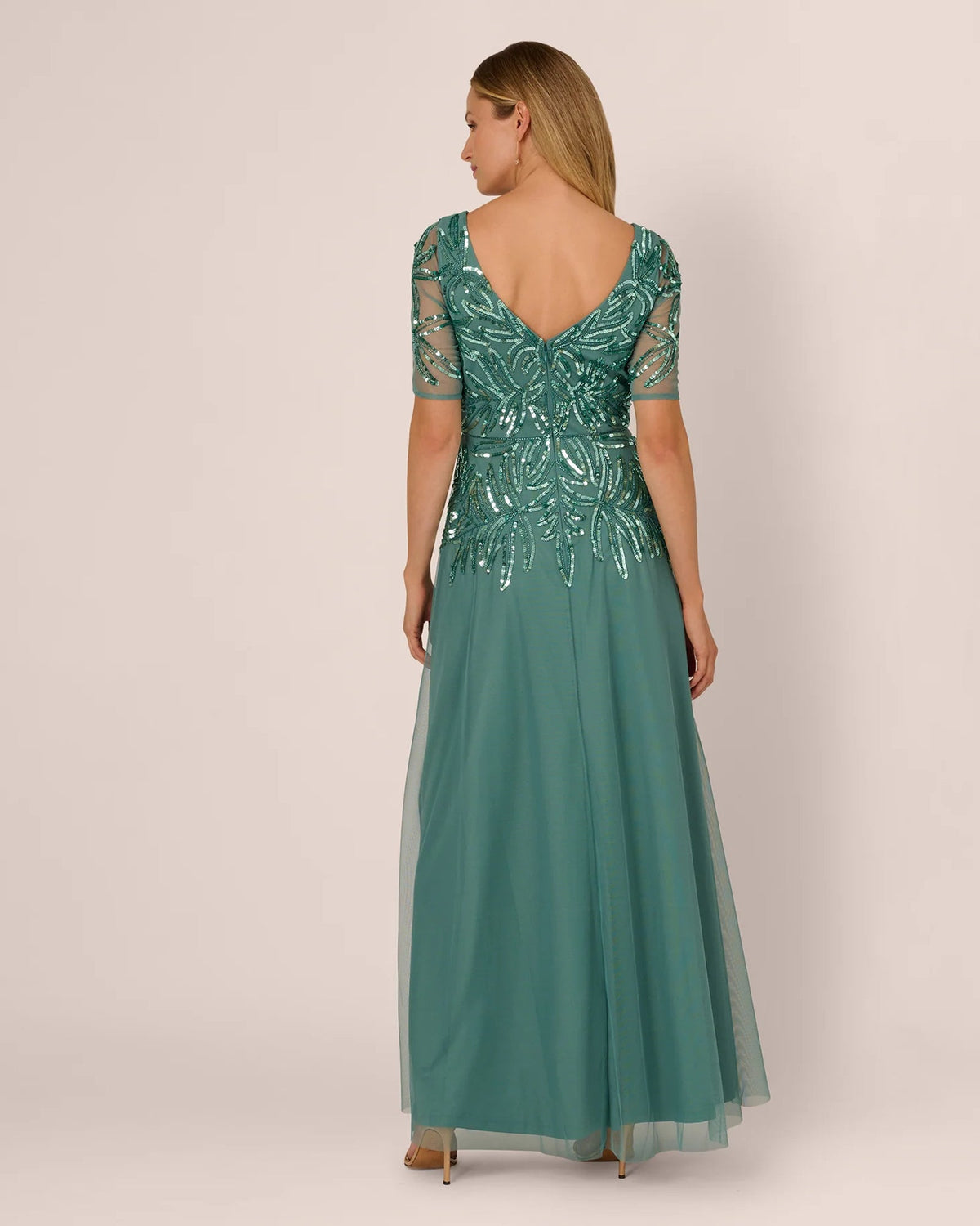 Teal A-line maxi dress with V-shaped back and short sequin sleeves