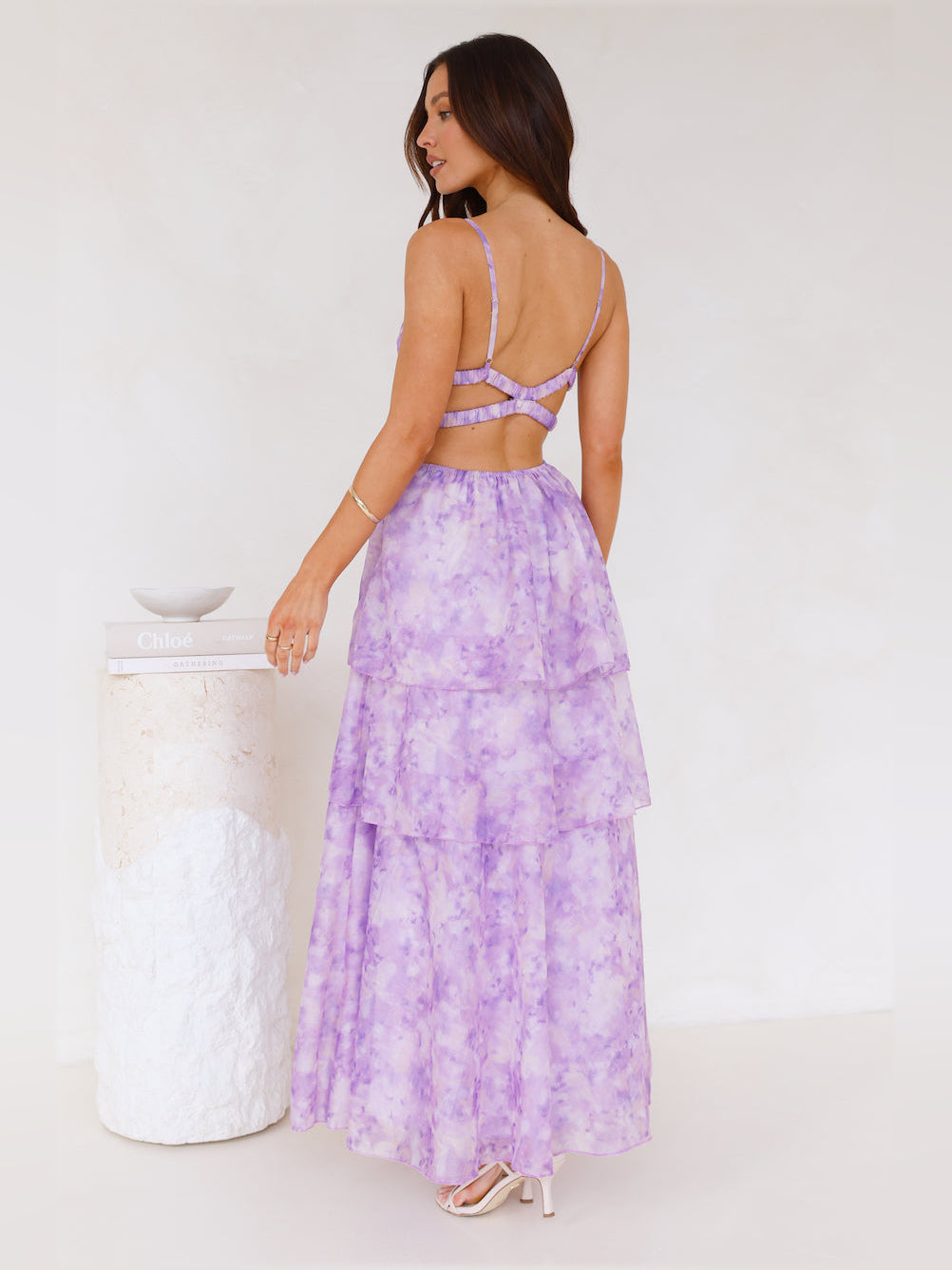 Lilac a-line maxi formal dress with floral print, alternate view showing the skirt