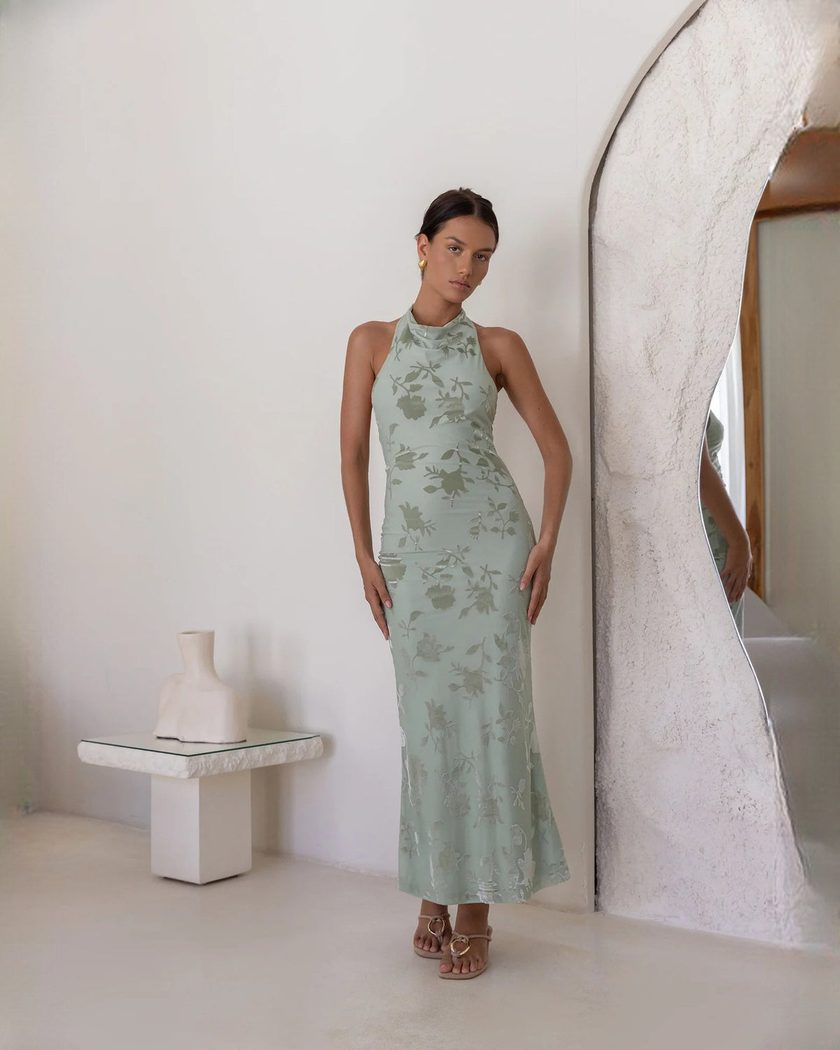 Dusty sage floral sleeveless halter A-line ankle-length maxi dress