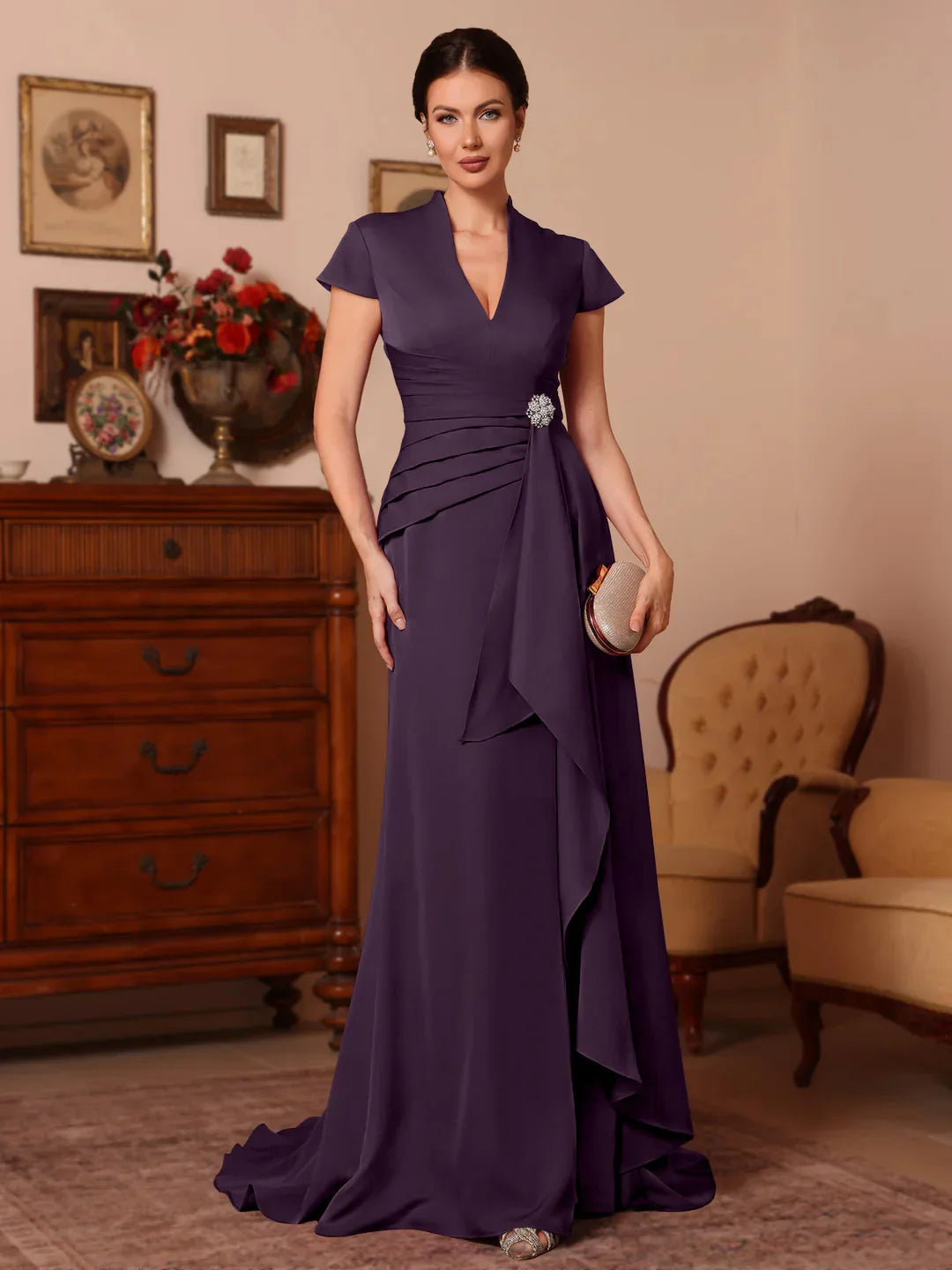 Dark navy satin mother-of-the-bride dress, beaded V-neck, ruffled A-line