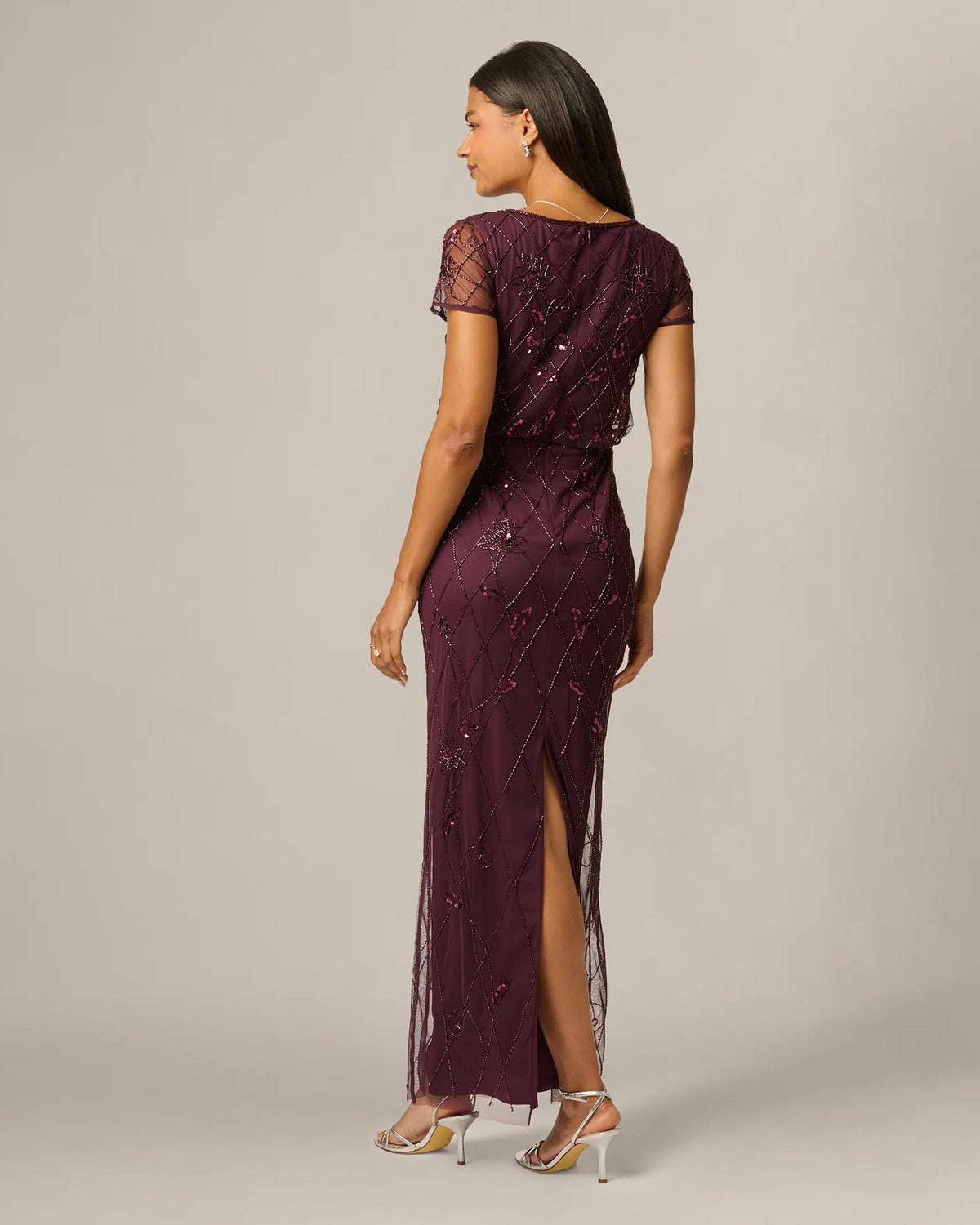Night plum sequin maxi dress back view with short sheer sleeves