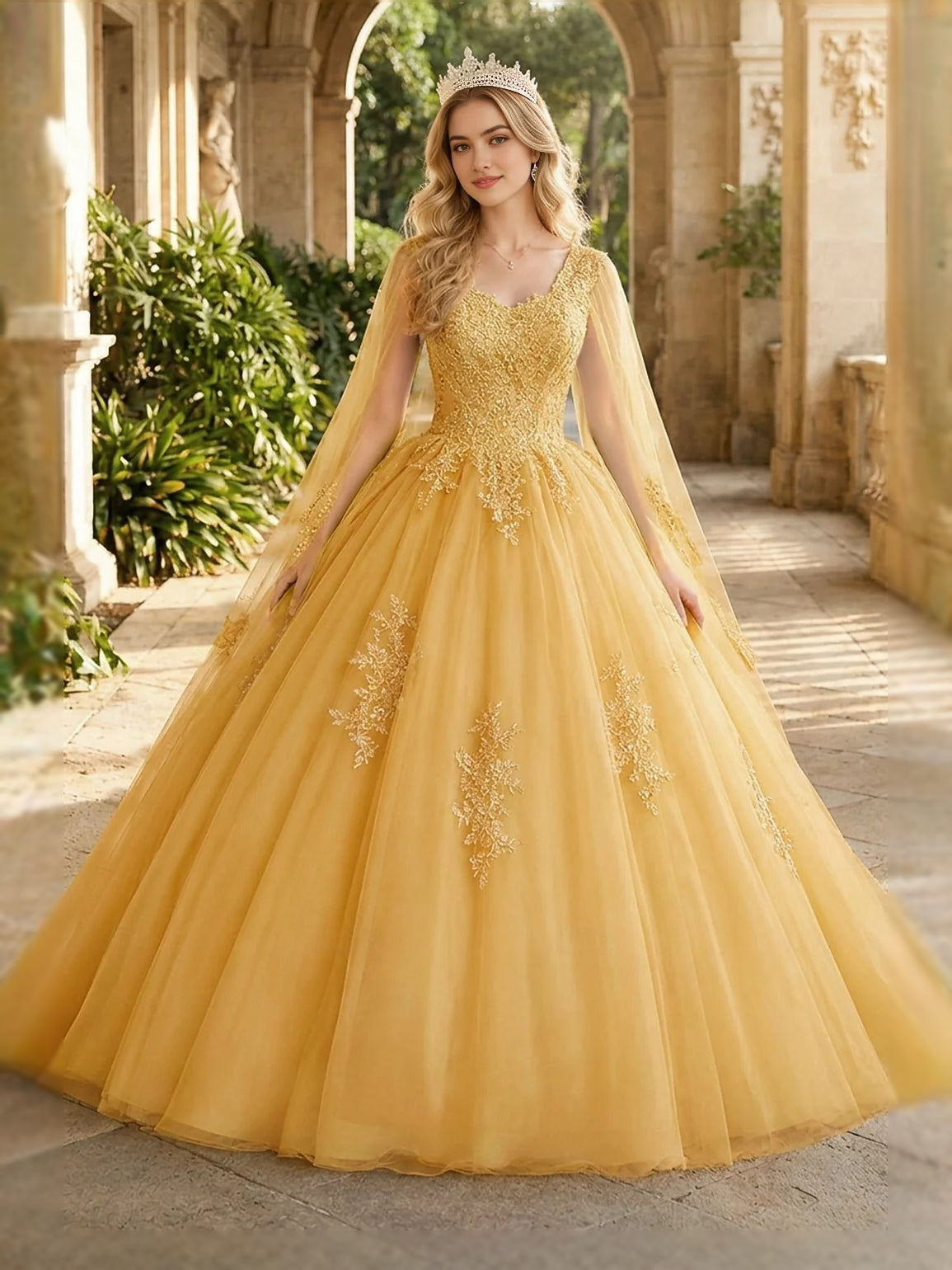Golden yellow ball gown dress with V-neck corset bodice, floral appliqué, and sheer sleeves