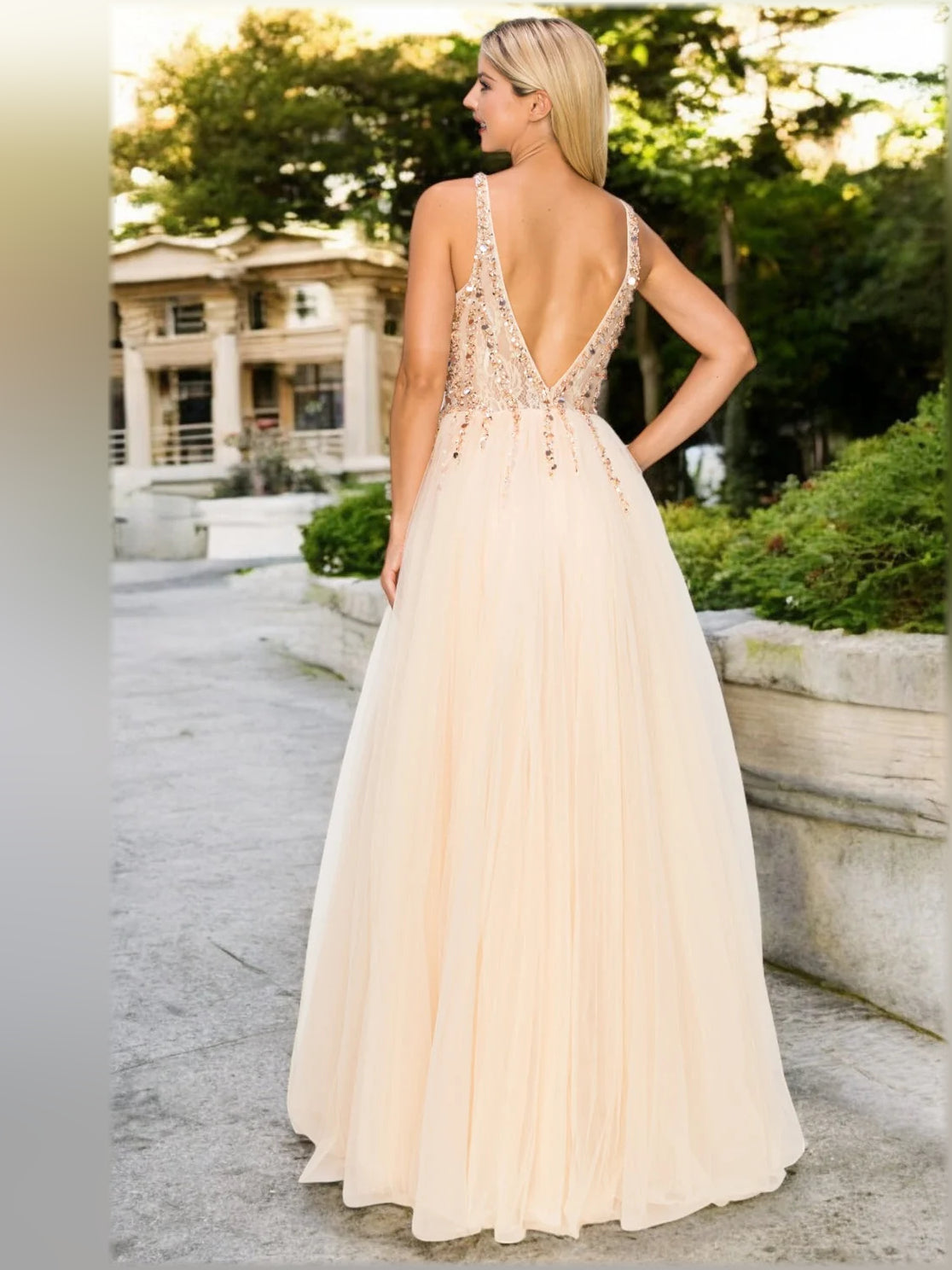 Champagne beaded V-neck A-line formal dress, backless look with flowing tulle skirt