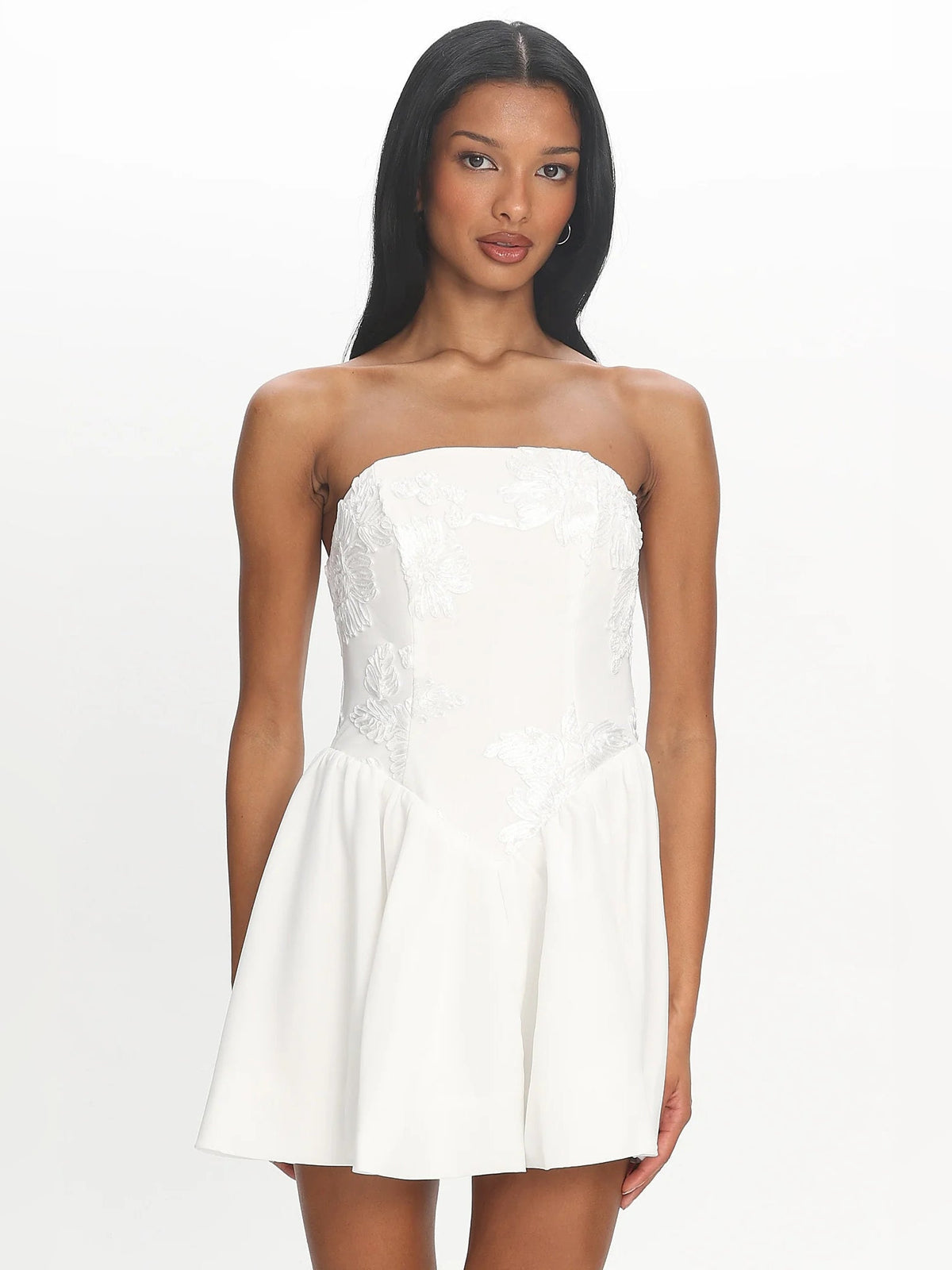 White strapless mini dress with embroidered-look bodice and flared skirt