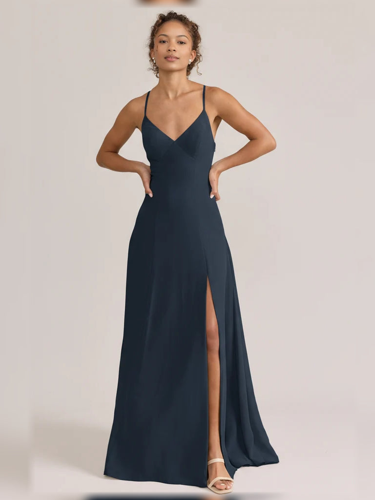 Dark navy V-neck A-line maxi chiffon bridesmaid dress with thin straps and front slit.