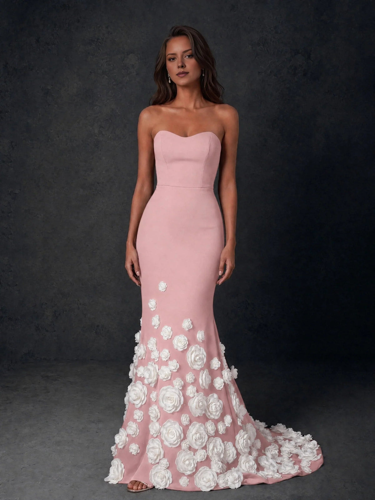 Blush pink sweetheart strapless formal gown with white rose floral appliques on mermaid hem