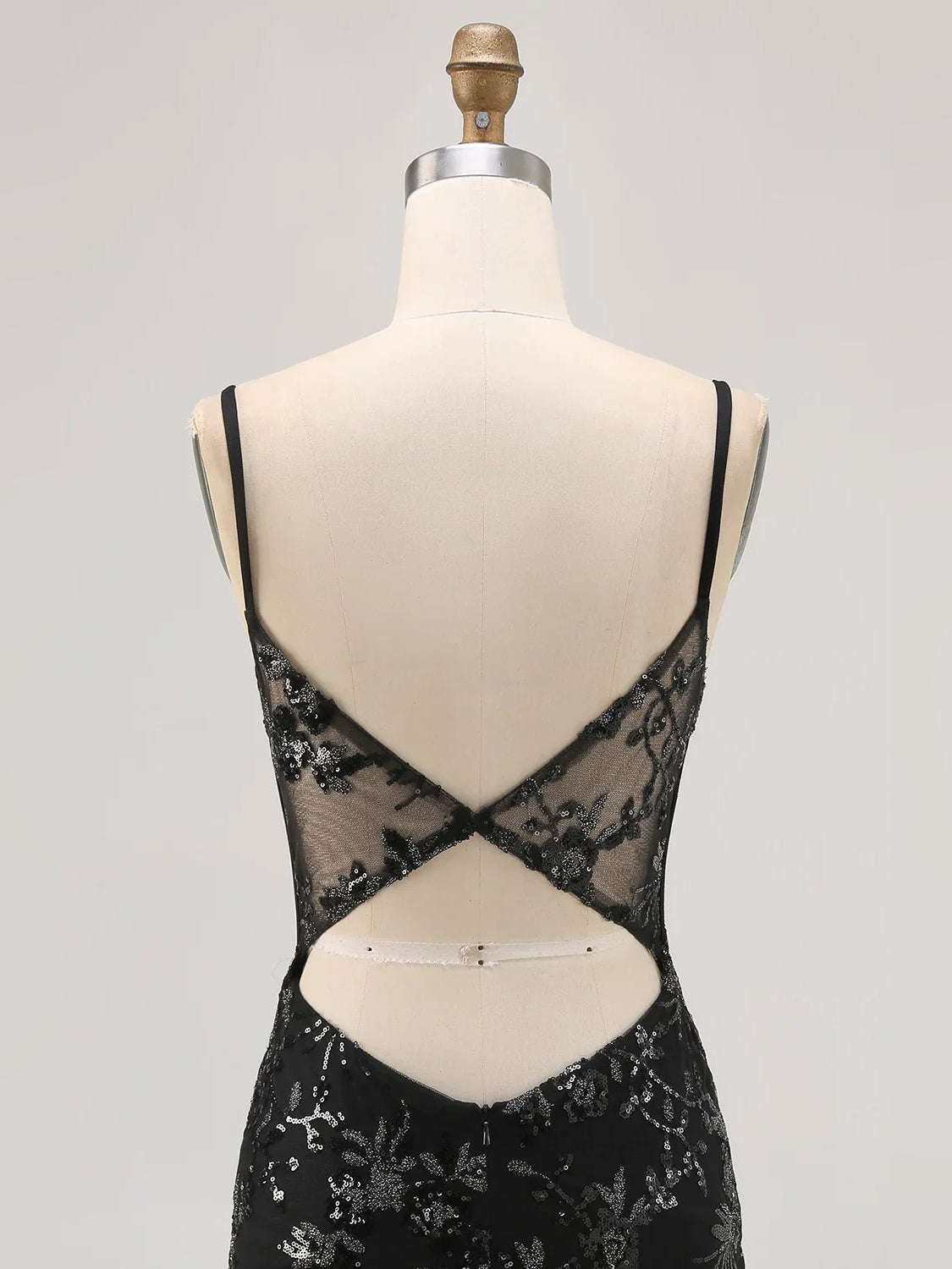 Black sequin corset mini dress back view with crisscross lace straps