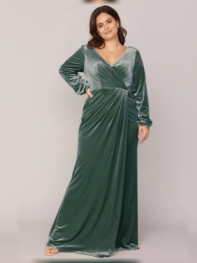 Moss green velvet wrap bridesmaid dress with V-neck and long sleeves, front view