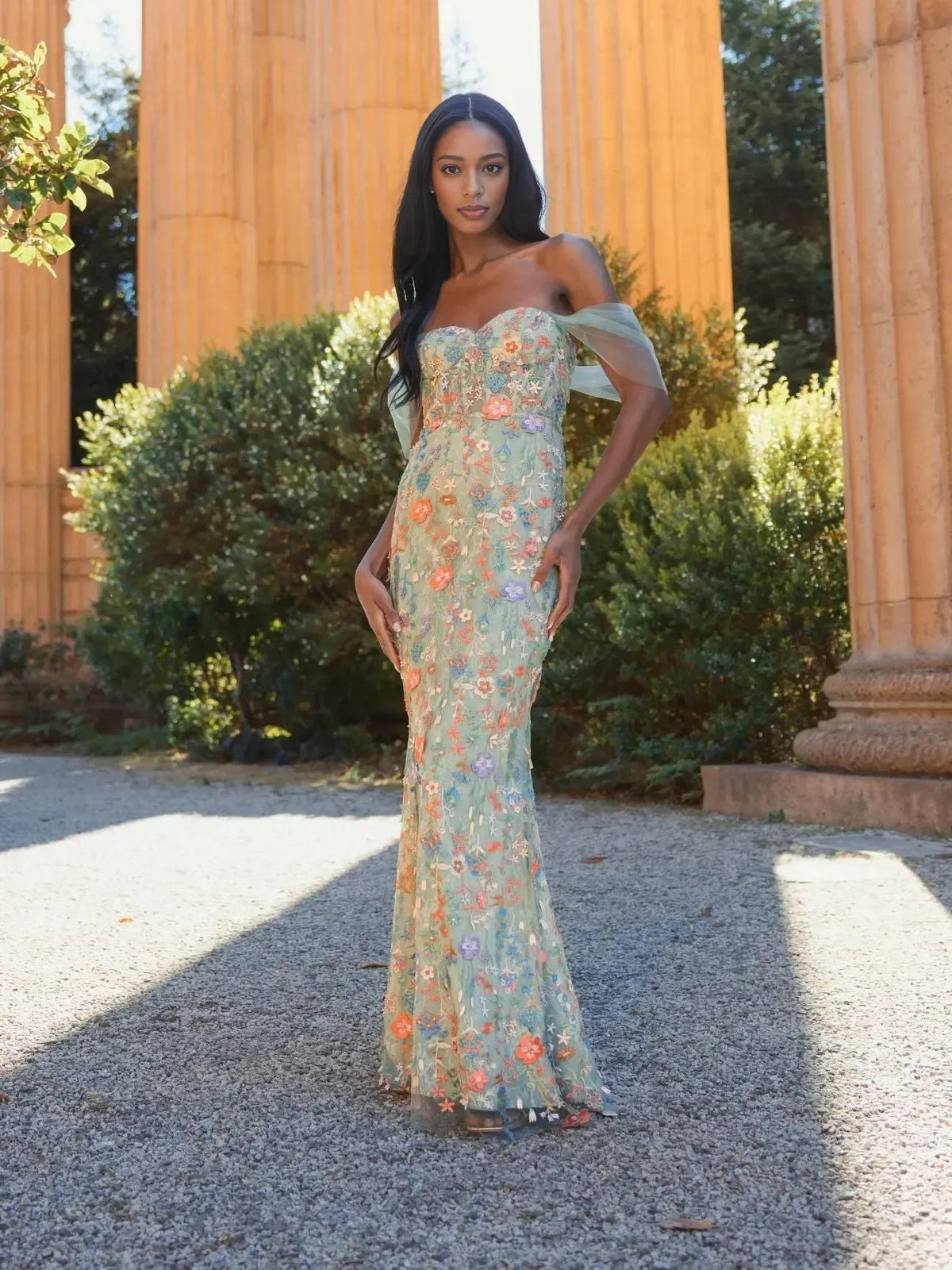 Floral off-shoulder mermaid maxi dress, light green with pink and purple floral pattern