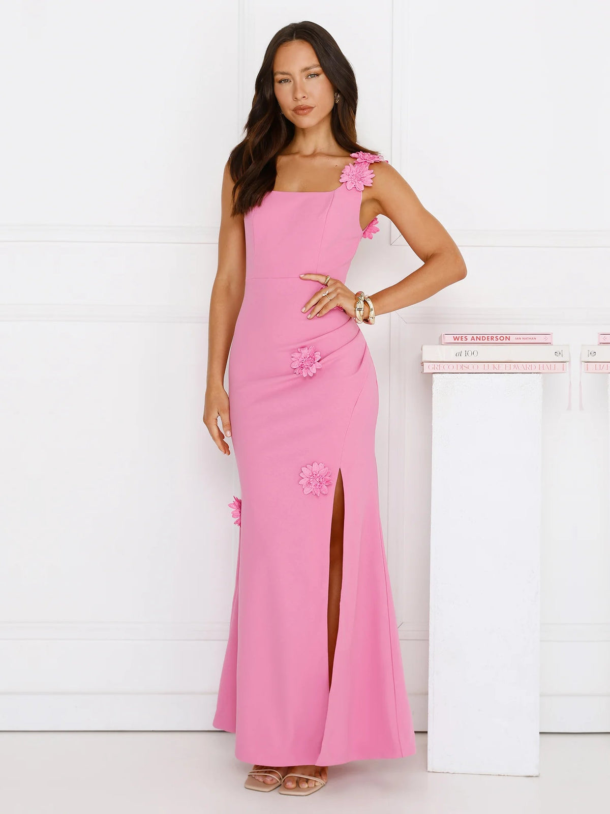 Pink sheath maxi formal dress with skirt slit, alternate view showing the skirt