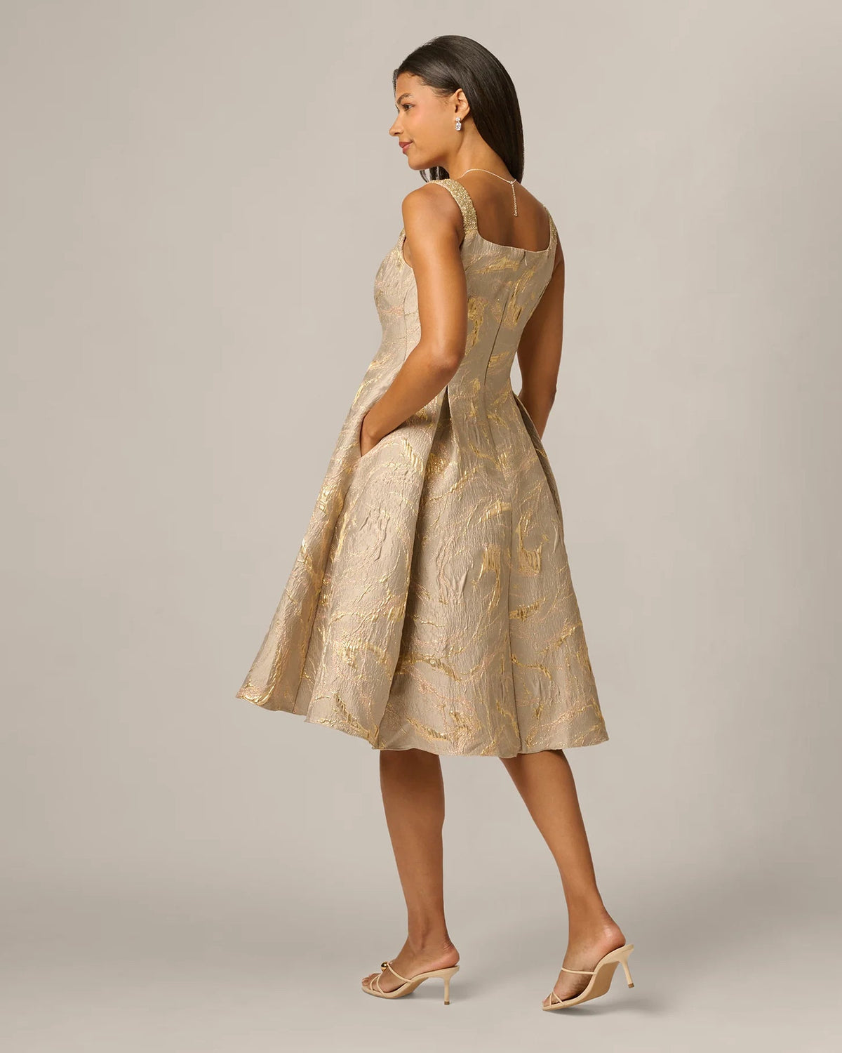 Mink fit-and-flare midi dress, back view with square neckline