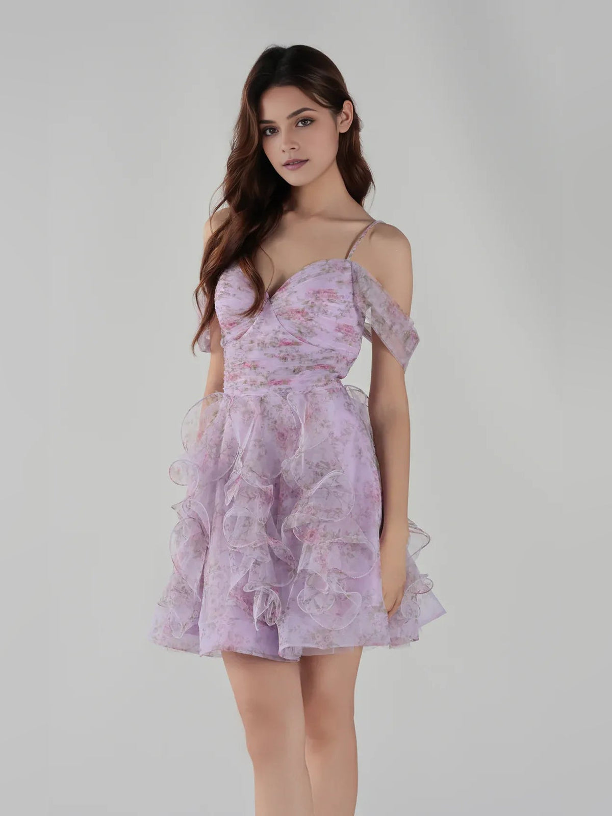 Light purple tulle mini dress with ruched sweetheart corset and voluminous layered ruffles