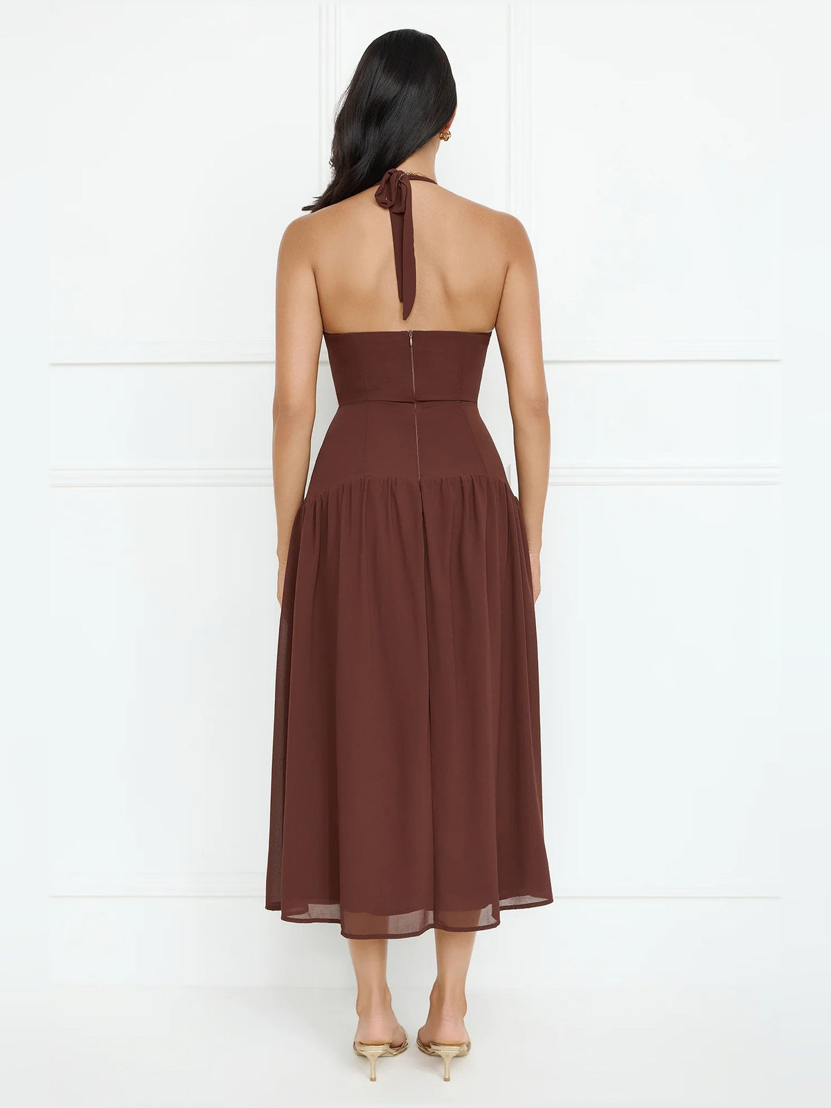 Brown backless halter midi formal dress with gathered waist skirt, rear view