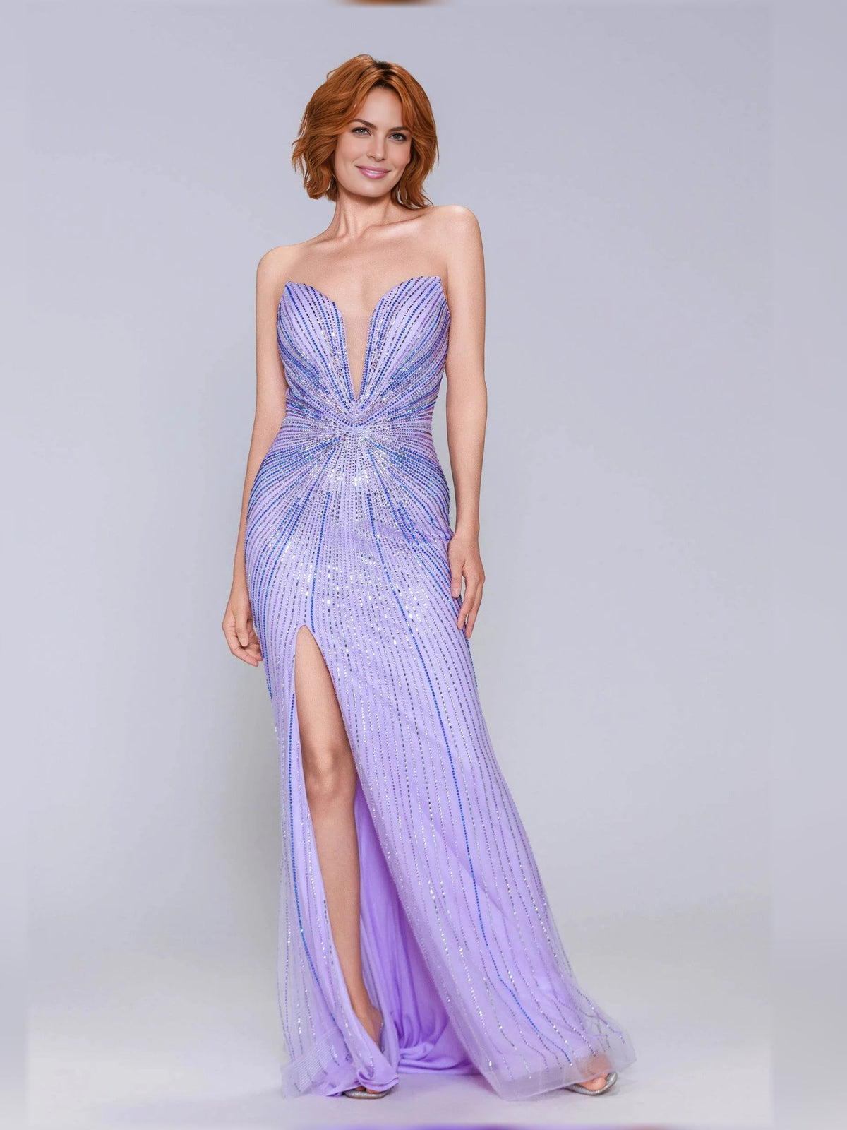 Lilac strapless sparkling formal gown with sweetheart neckline and long length