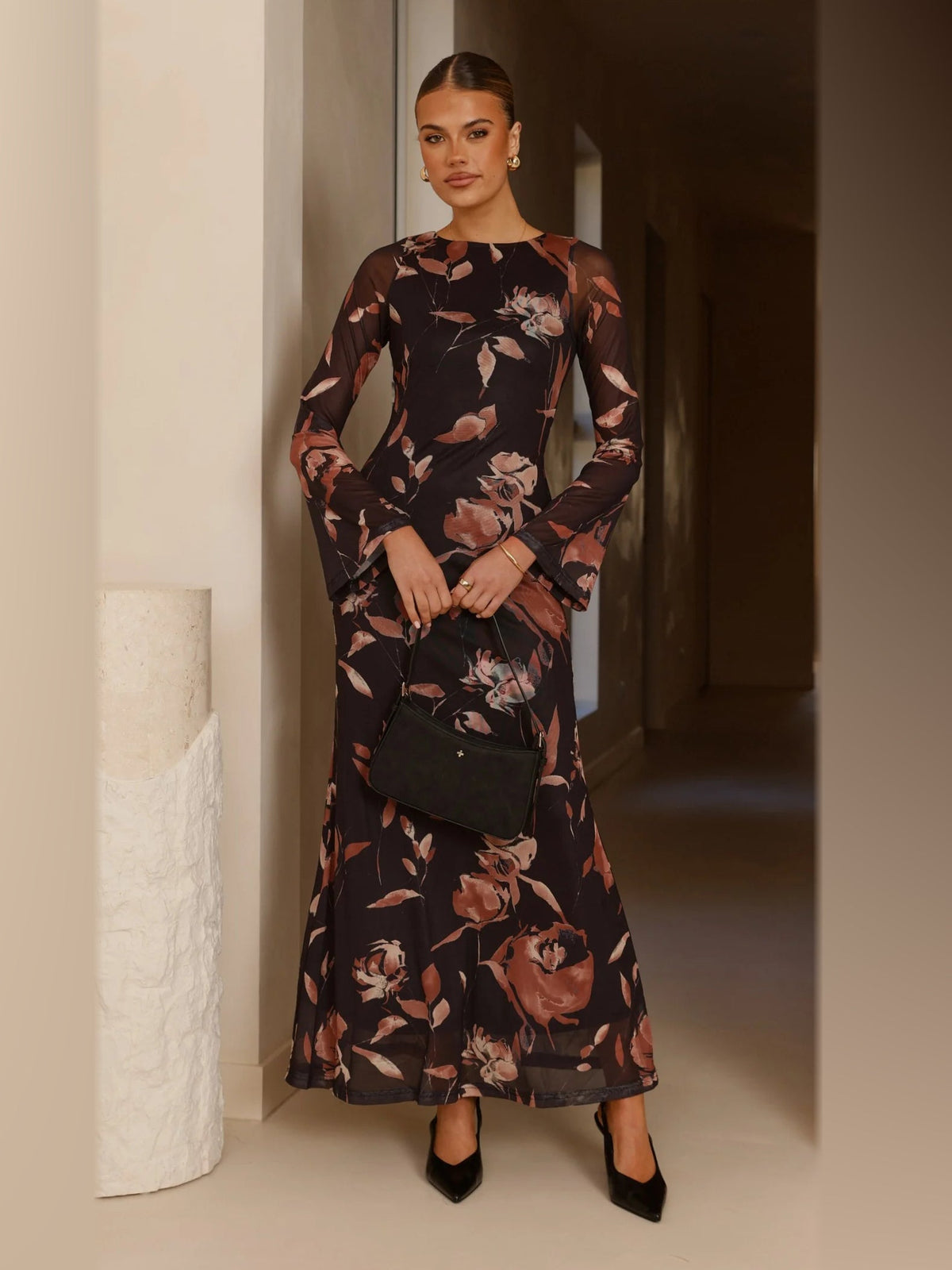 Black Floral Print maxi formal dress, alternate full-length view showing the hem