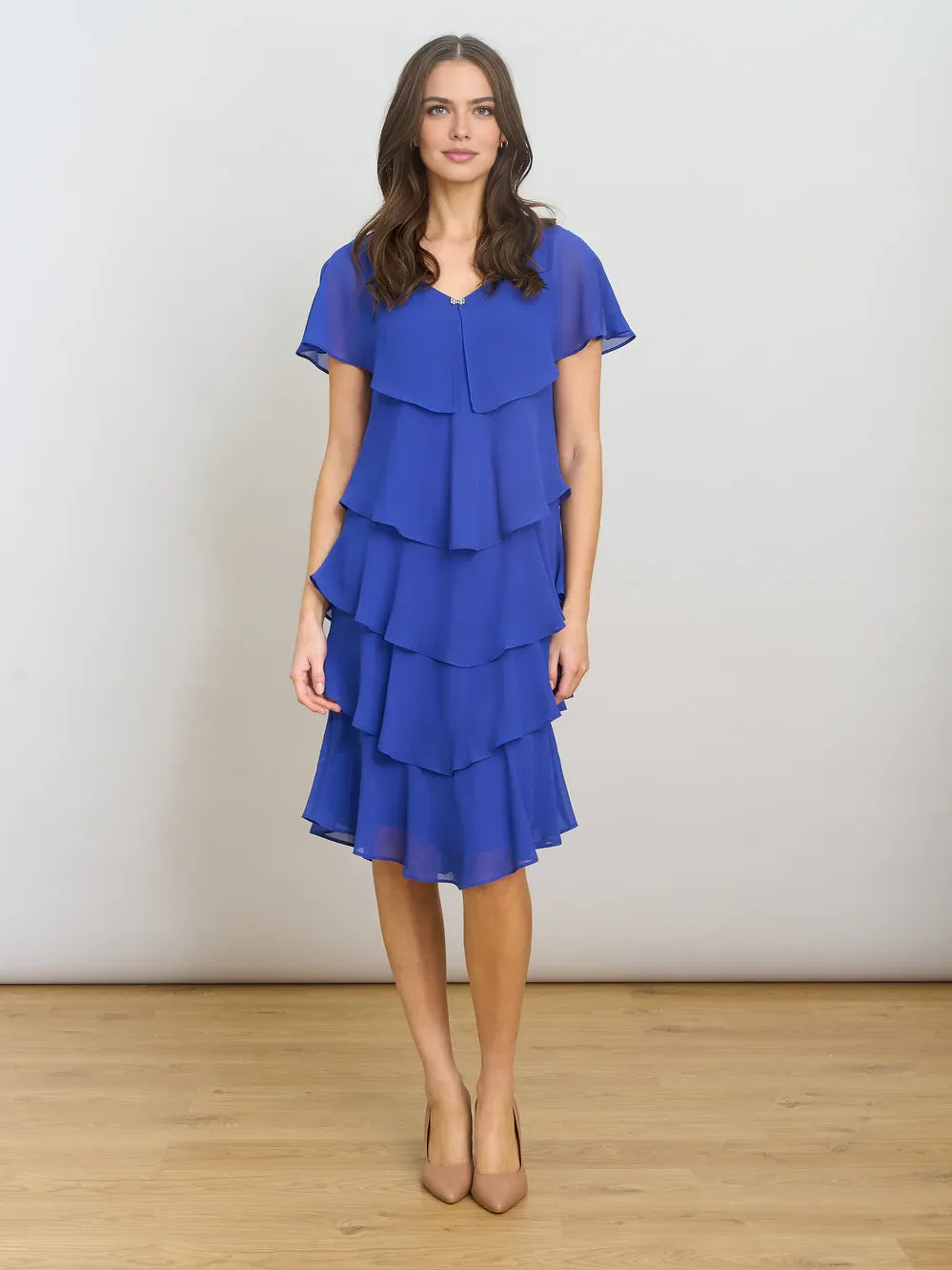 Cobalt blue V-neck tiered chiffon knee-length dress with layered ruffle skirt and short sleeves