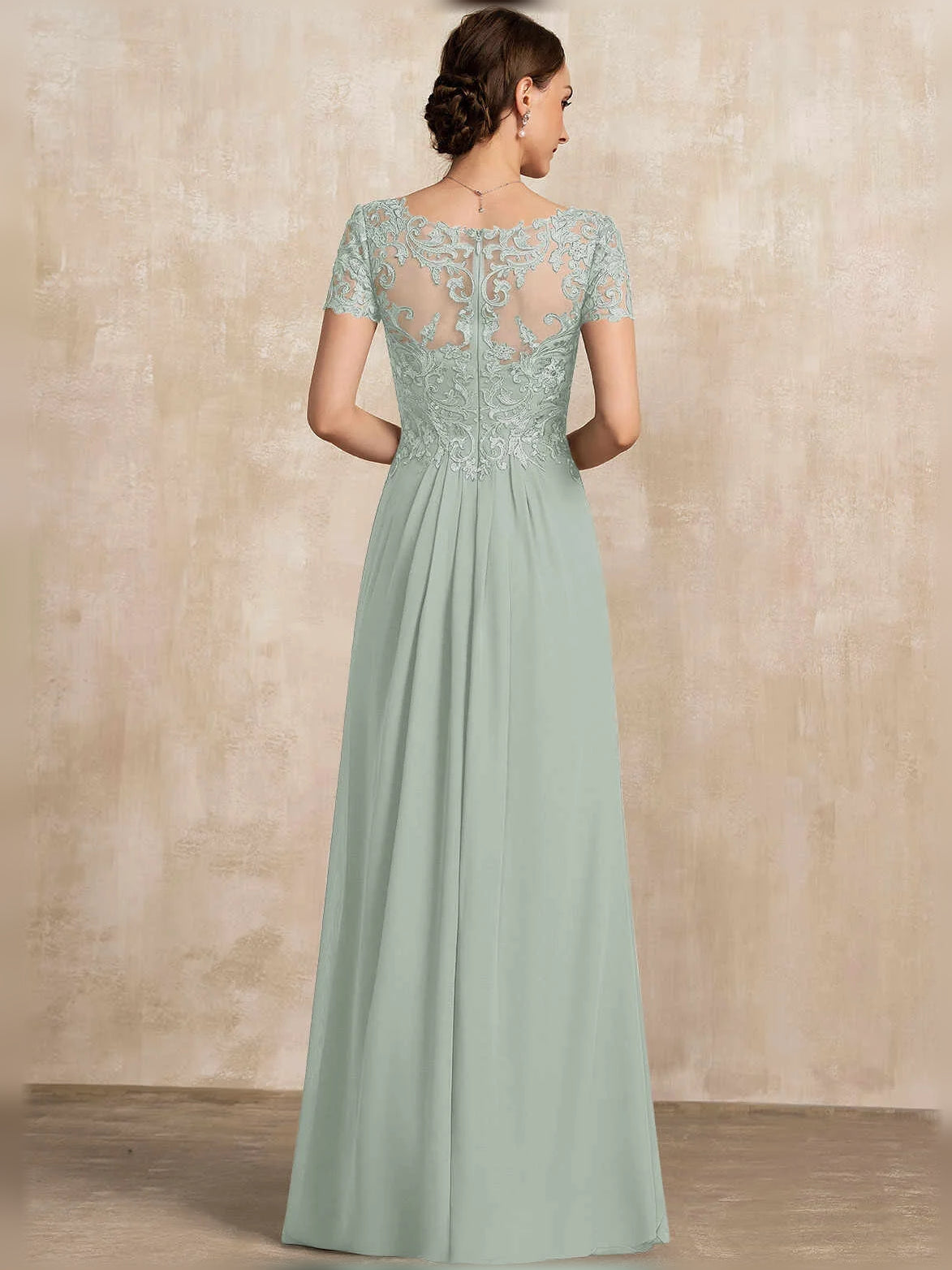 Mint green back view chiffon A-line dress with lace cap sleeves and V-neck bodice