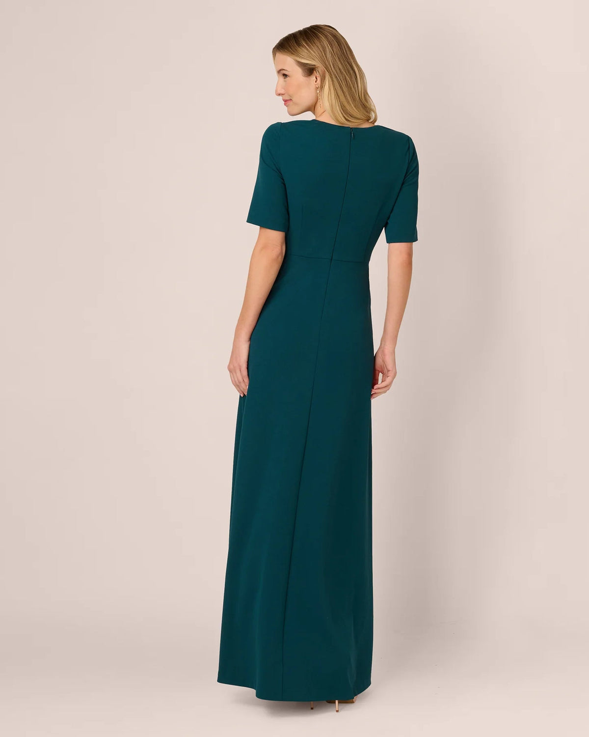 Teal A-line maxi dress back view with short sleeves