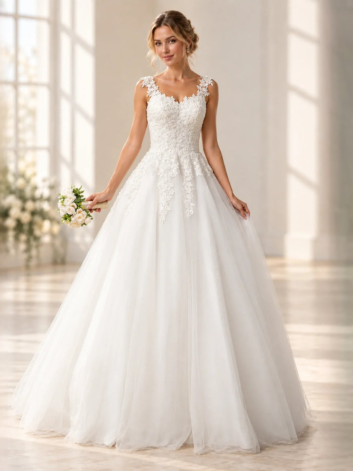 White A-line wedding gown with sweetheart corset, floral lace embellishment, and tulle layers