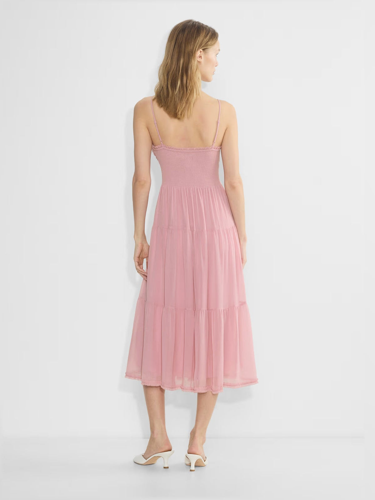 Pink chiffon midi dress with thin straps and tiered back, V-neck front