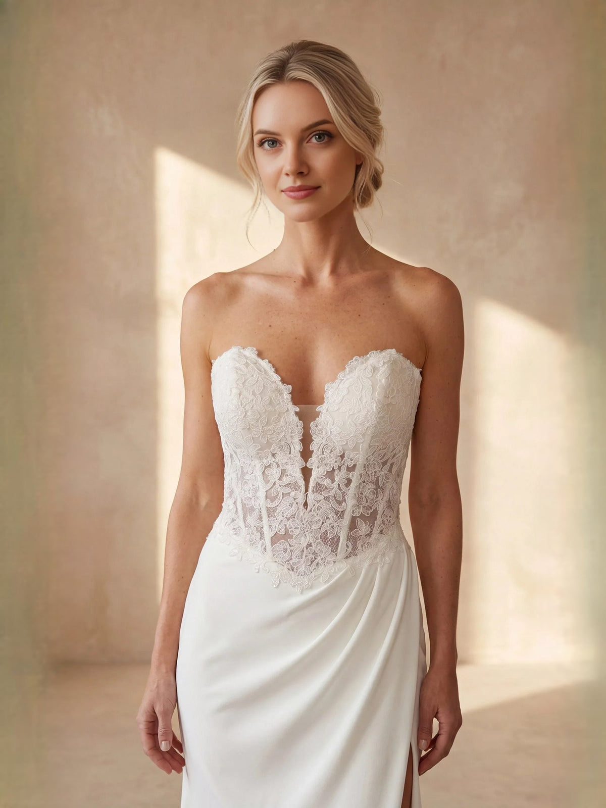 Ivory strapless sweetheart lace bodice mermaid wedding dress with front slit