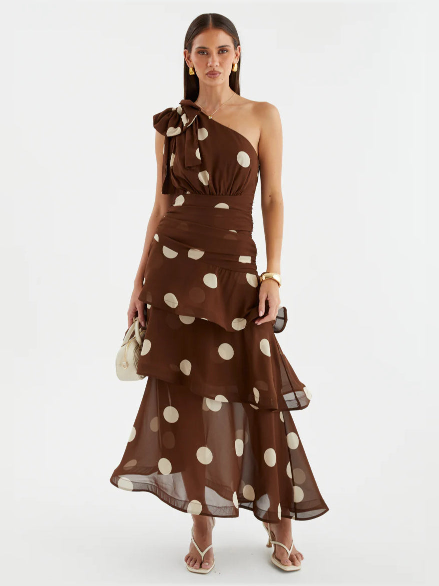 Ivory Black Polka Dot a-line maxi formal dress with tiered skirt, alternate full-length view