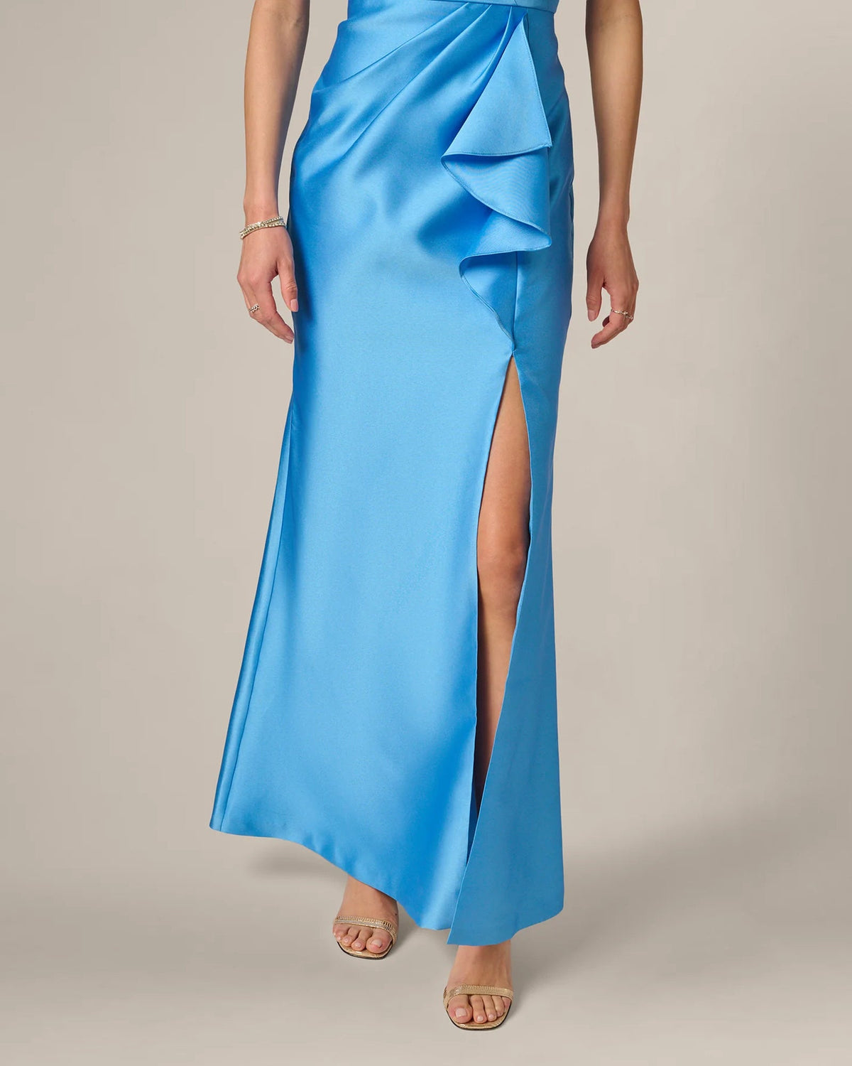 Sky blue maxi skirt with front slit and layered ruffle panel