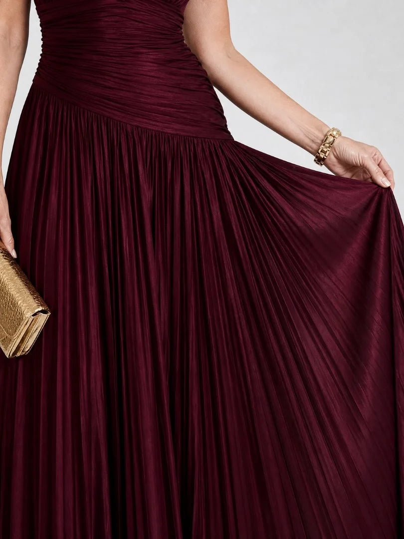 Burgundy pleated flowing skirt with gathered ruched waist