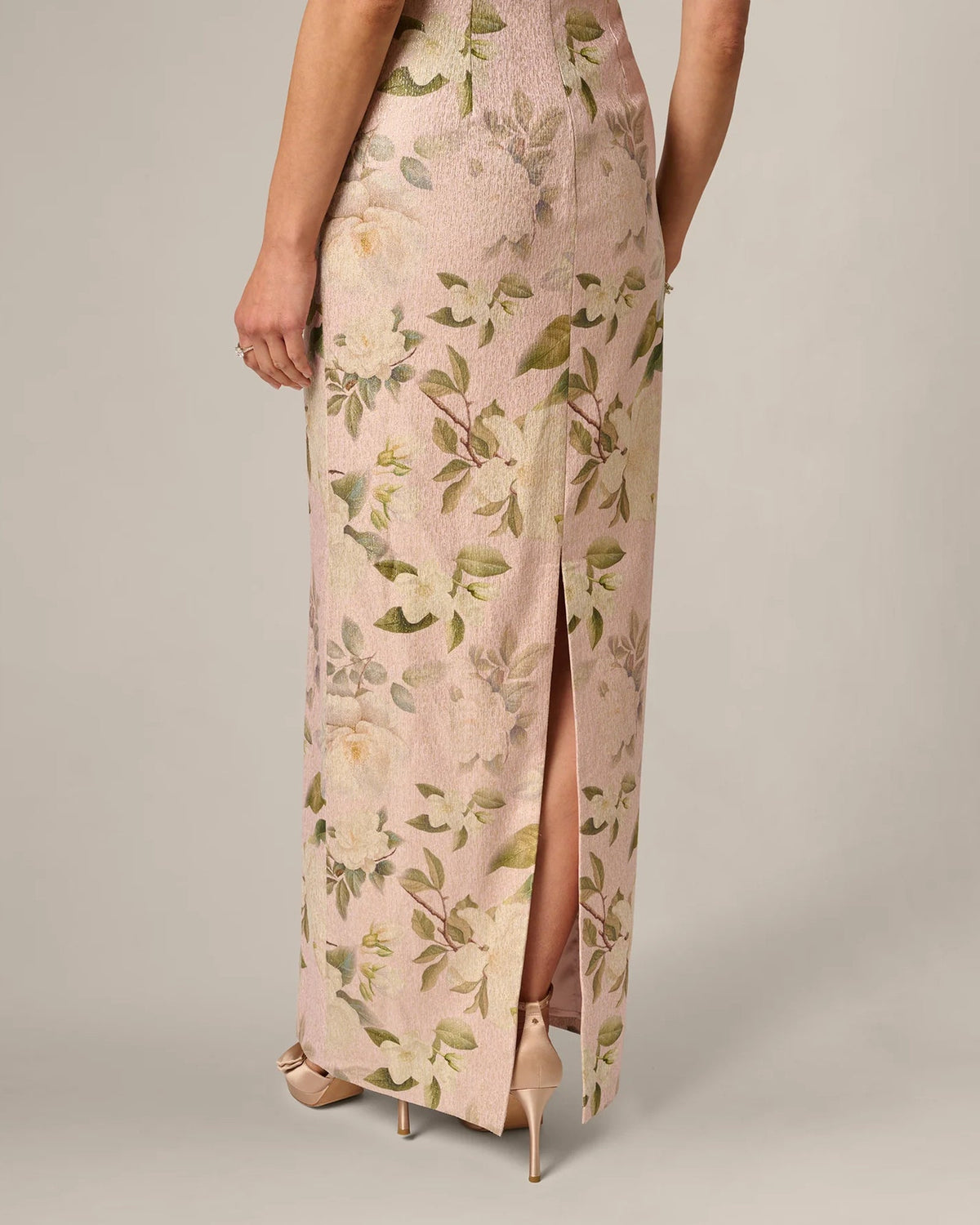 Blush floral print maxi dress with front slit, sleeveless square neck