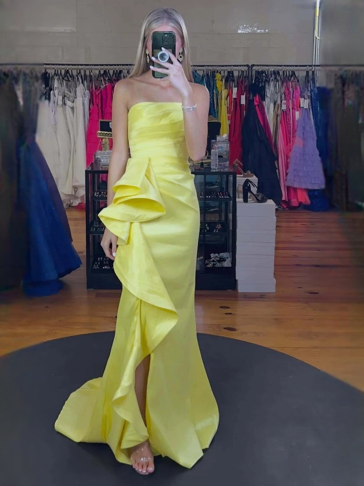 Lemon-yellow strapless mermaid prom dress with layered ruffle peplum and side slit