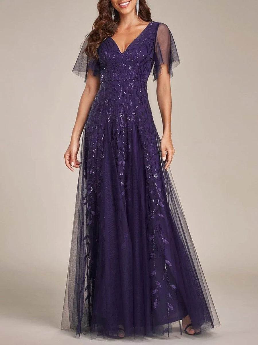 Purple embroidered V-neck A-line floor-length tulle dress with short sheer sleeves