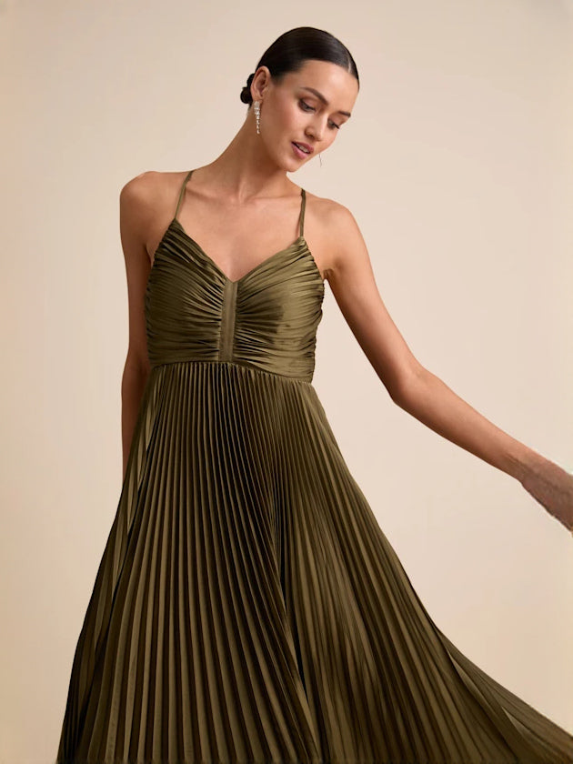 Olive Green a-line maxi formal dress with pleated skirt, alternate full-length view showing the skirt