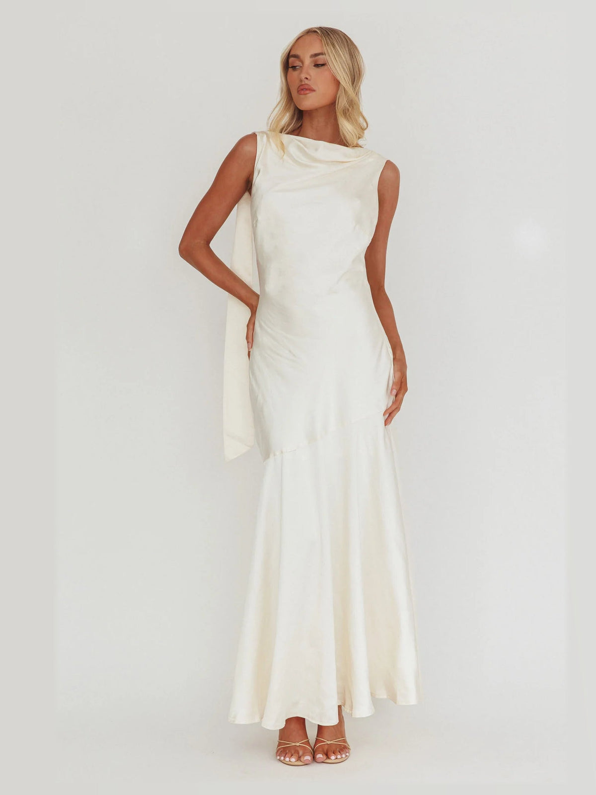 Cream maxi formal dress, alternate full-length view showing the hem