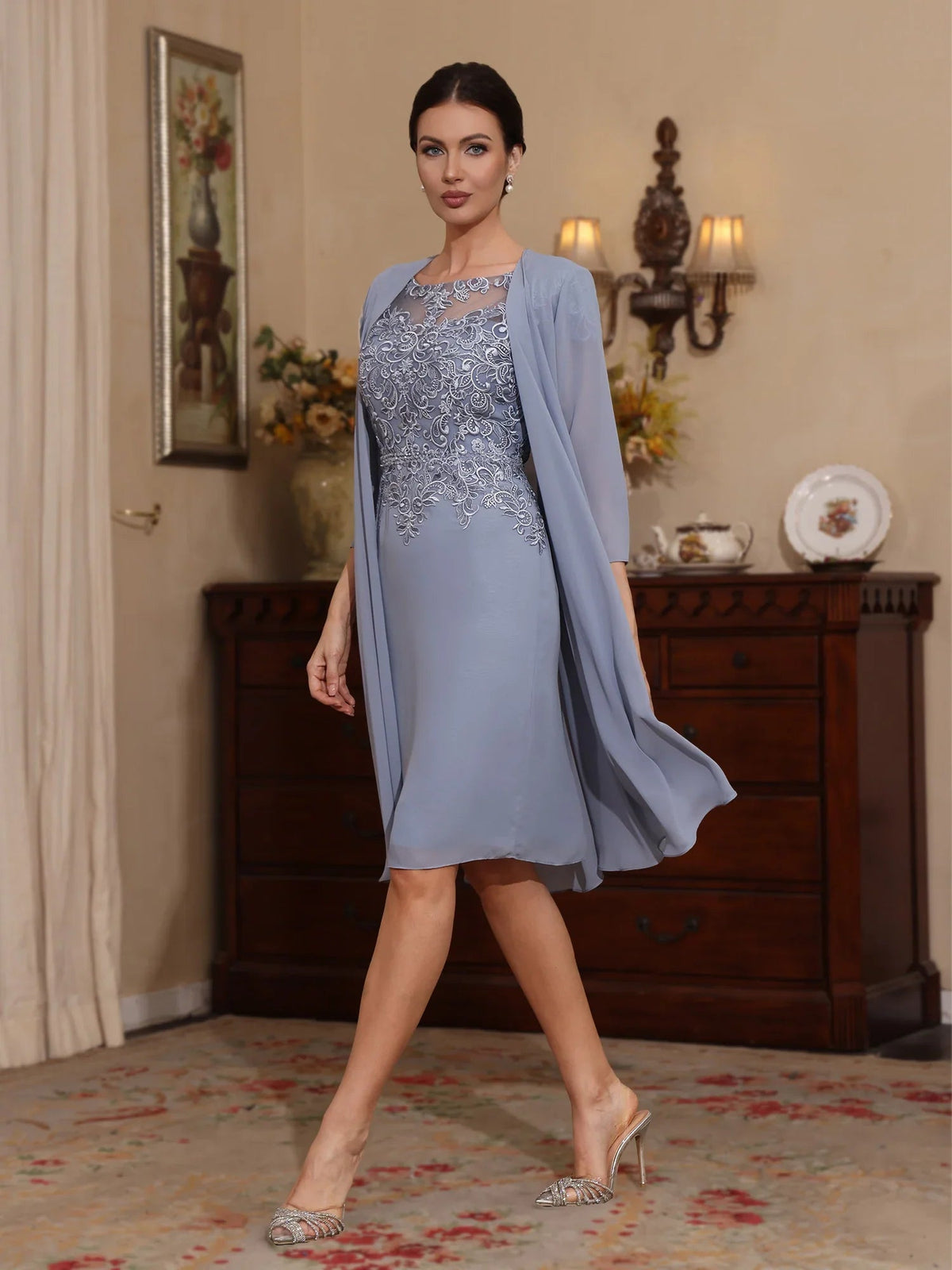 Dusty blue chiffon mother-of-the-bride dress, round neck, floral lace front, knee-length