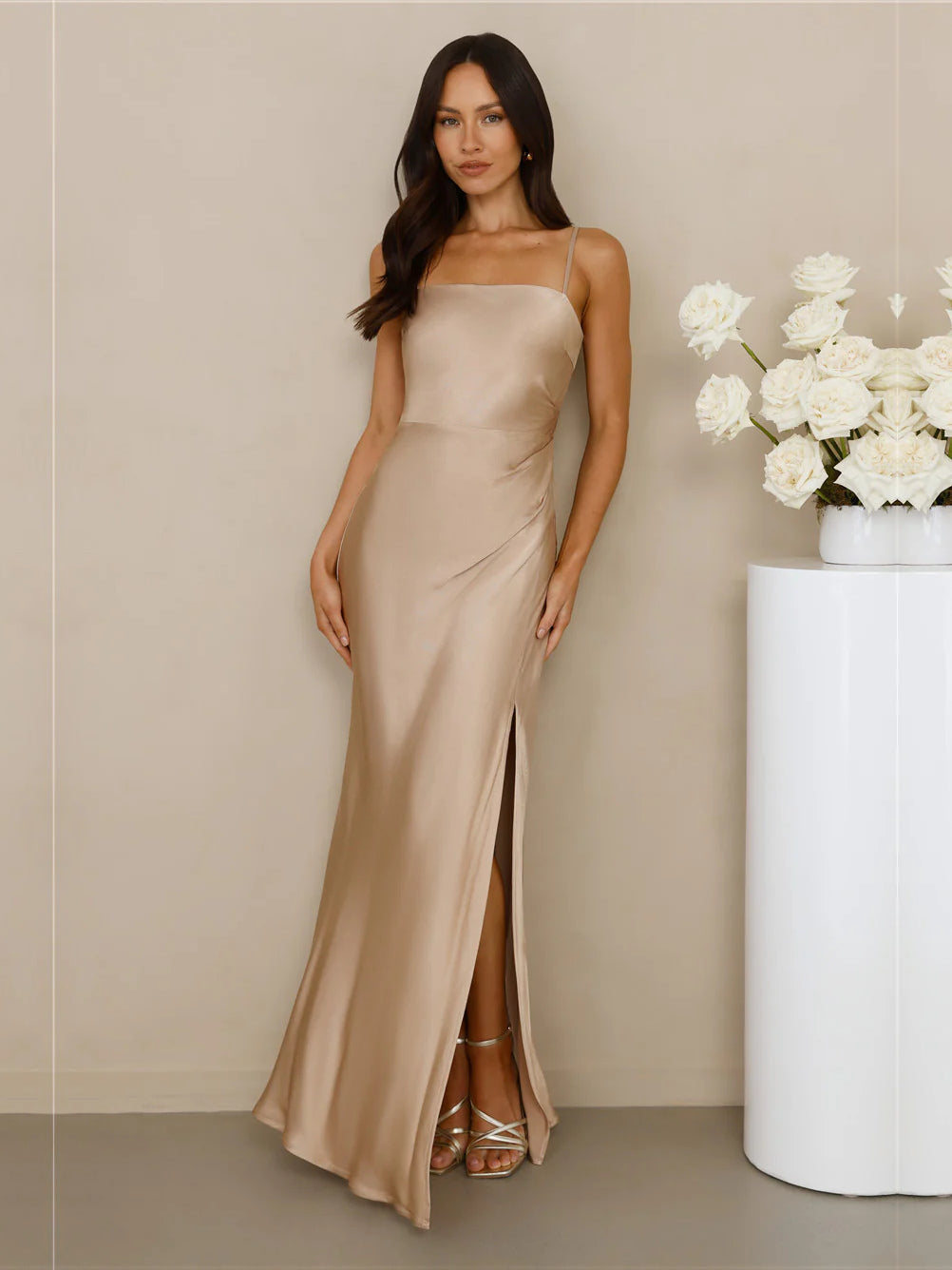 Champagne sheath maxi formal dress with skirt slit, alternate view showing the skirt